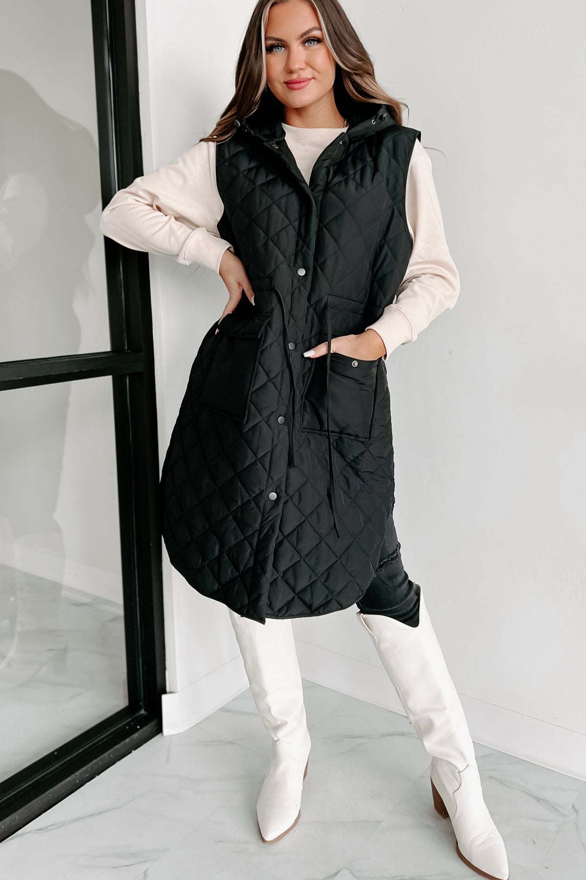 My Missing Piece Quilted Hooded Vest (Black)-The Formal Wear