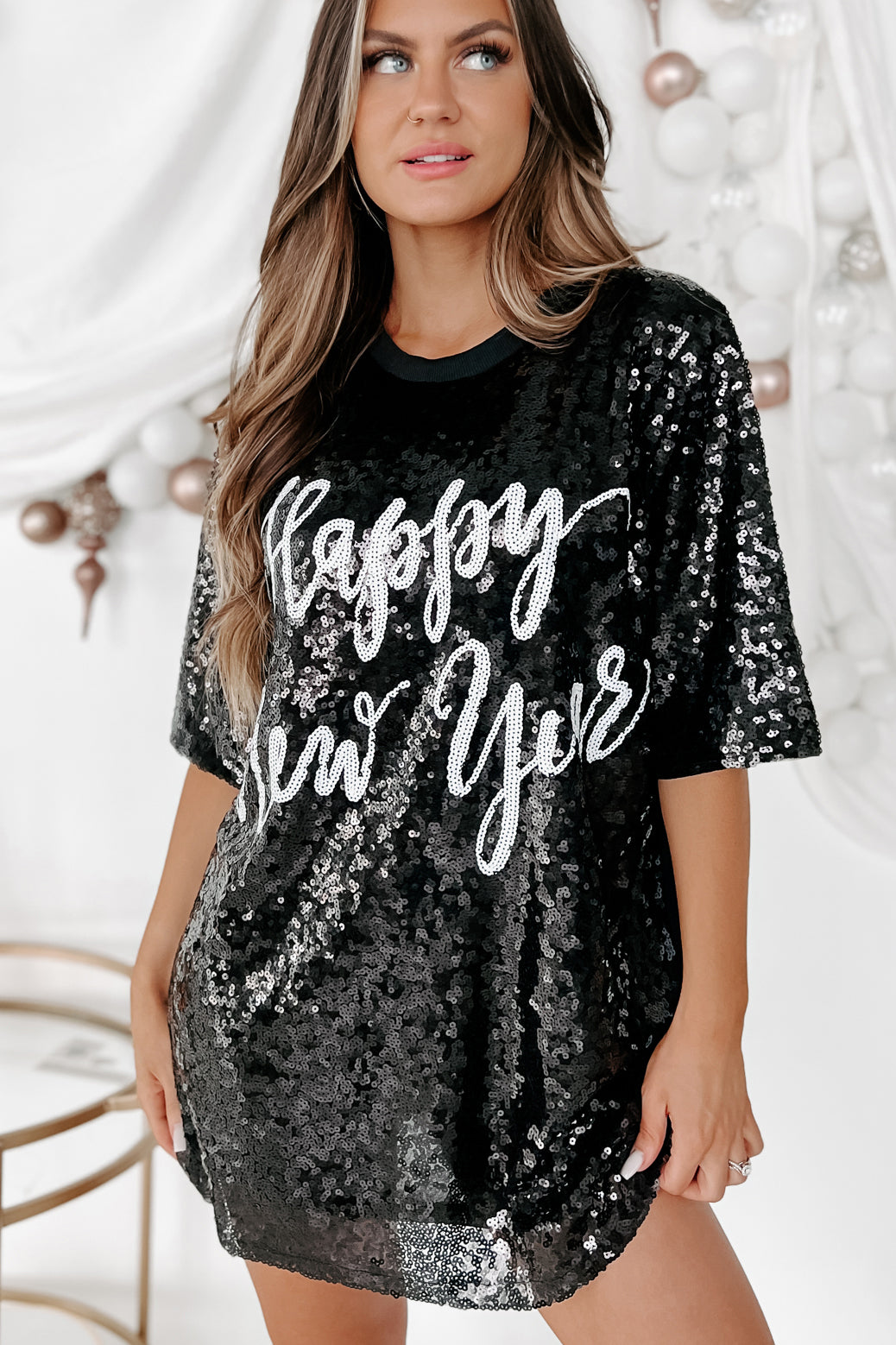 New Year, New Look Sequin T-Shirt Dress (Black)-The Formal Wear