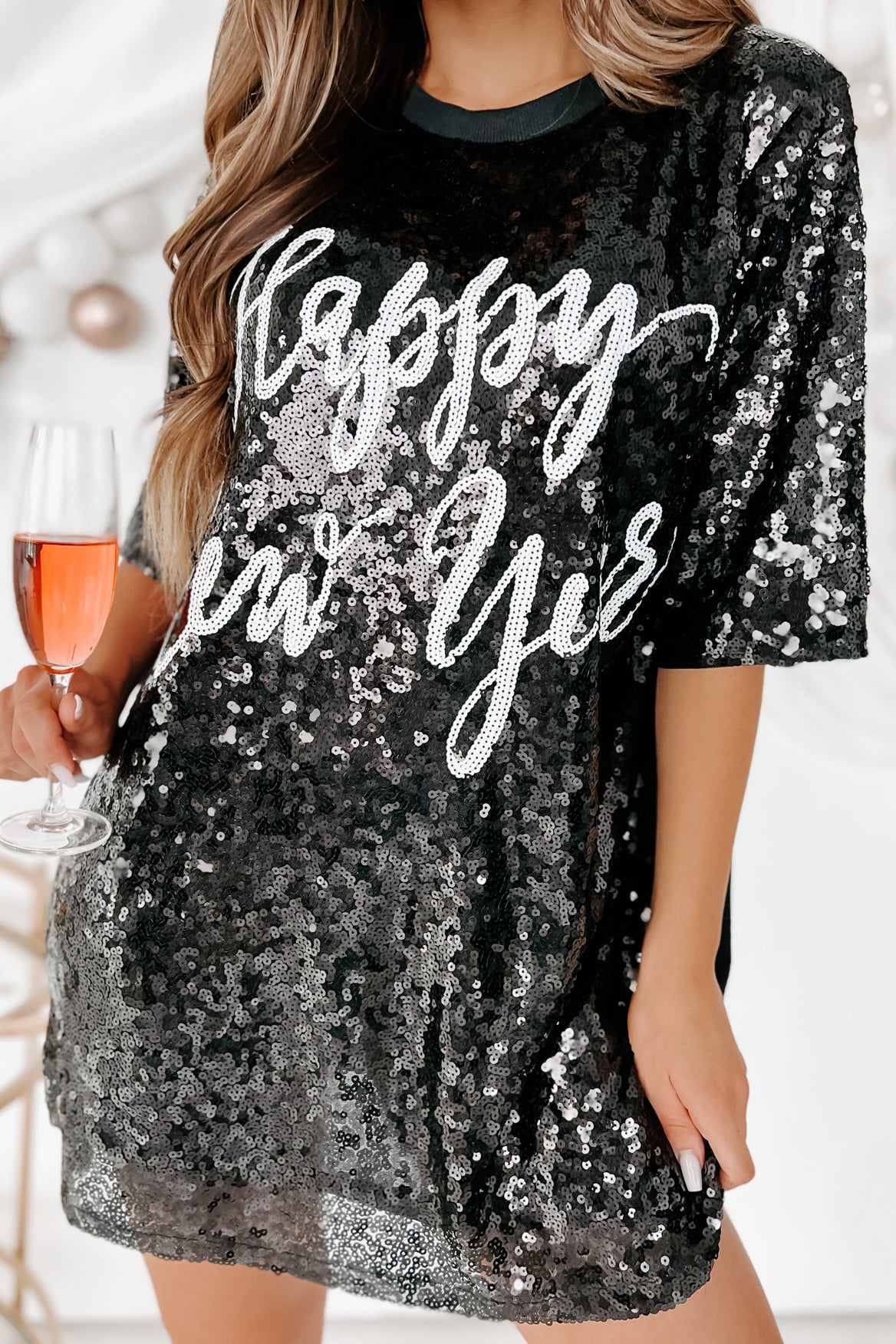 New Year, New Look Sequin T-Shirt Dress (Black)-The Formal Wear