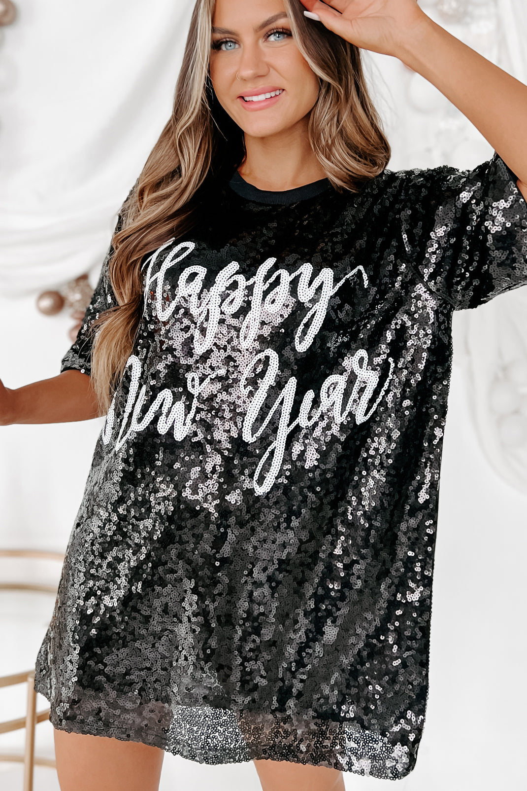 New Year, New Look Sequin T-Shirt Dress (Black)-The Formal Wear