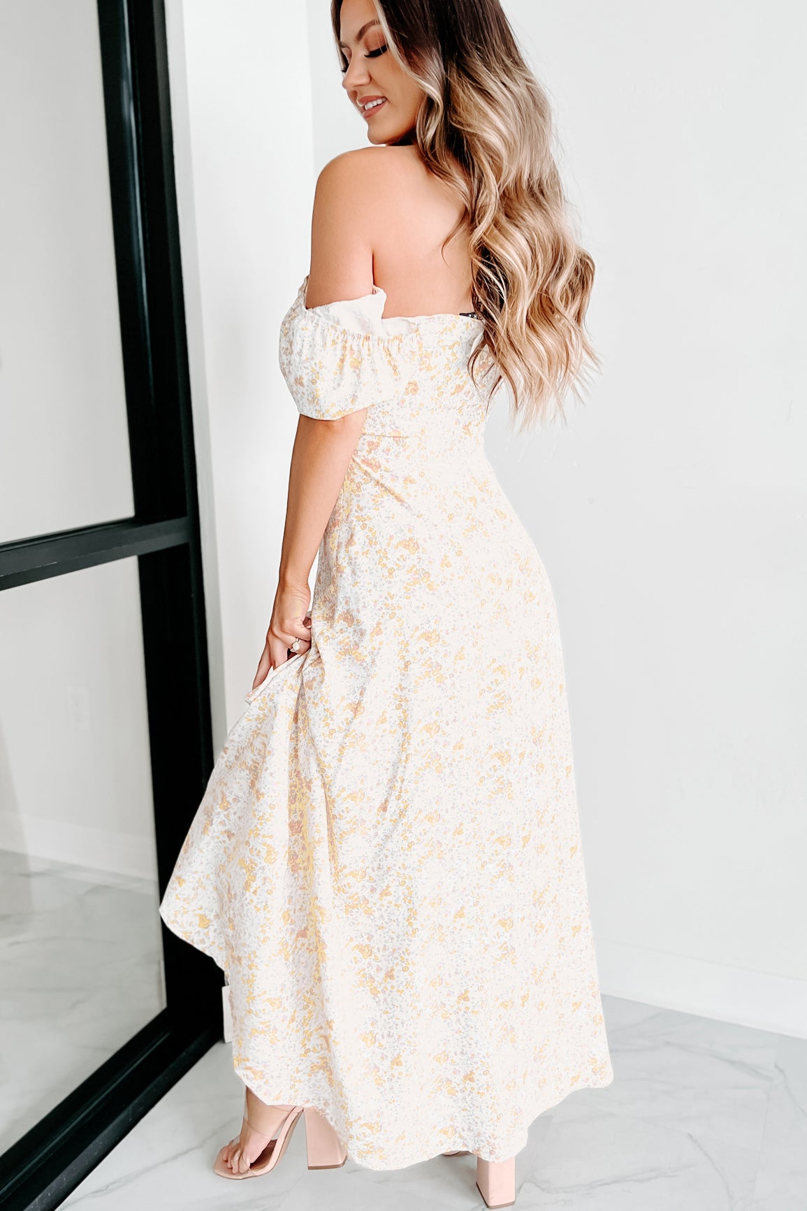 Going To The Cottage Floral Puff Sleeve Maxi Dress (Ivory)-The Formal Wear