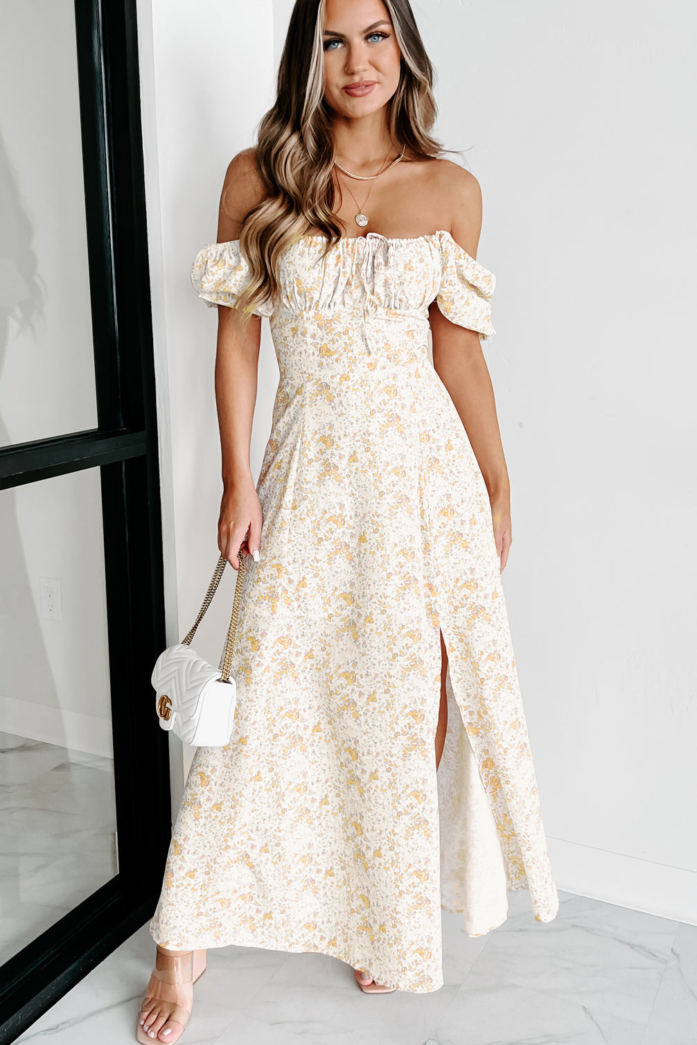 Going To The Cottage Floral Puff Sleeve Maxi Dress (Ivory)-The Formal Wear