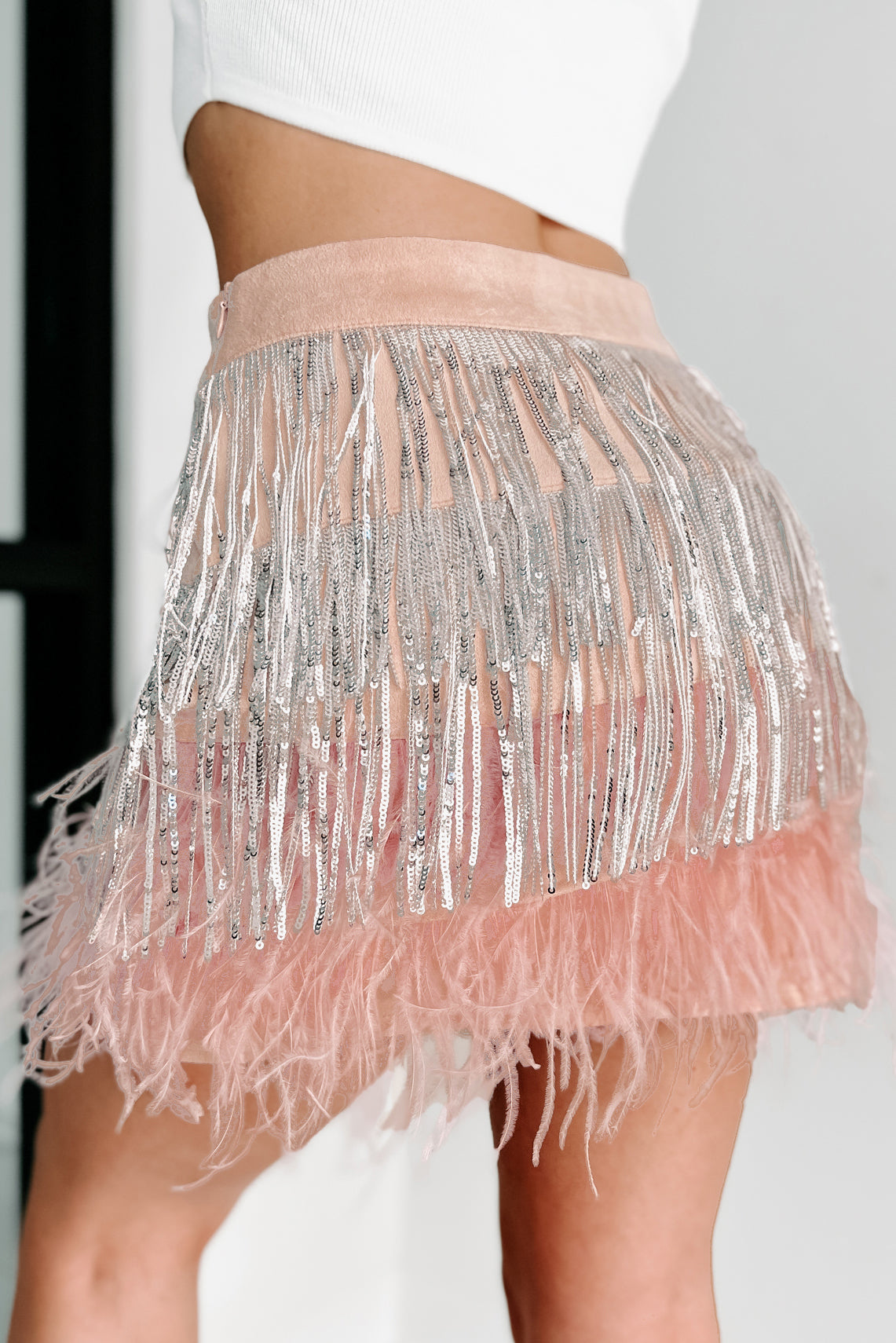 Sweet & Spicy Sequin Fringe & Feather Mini Skirt (Pink)-The Formal Wear