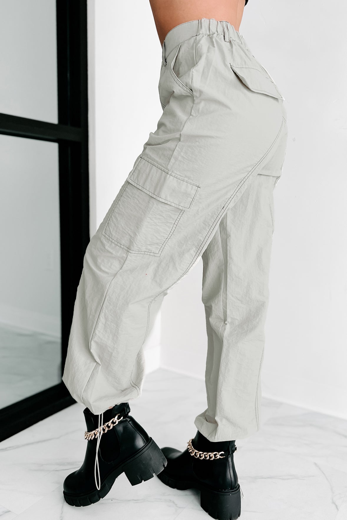 Celia Nylon Cargo Pants (Light Grey)-The Formal Wear