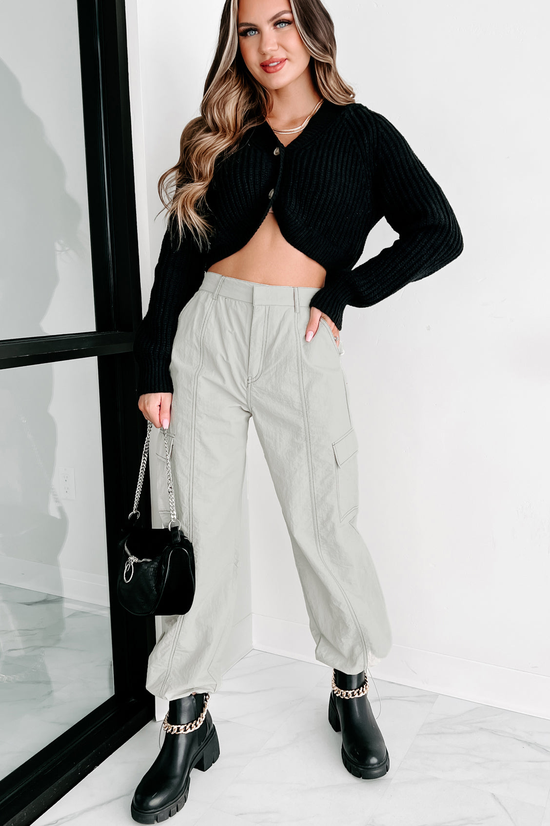 Celia Nylon Cargo Pants (Light Grey)-The Formal Wear