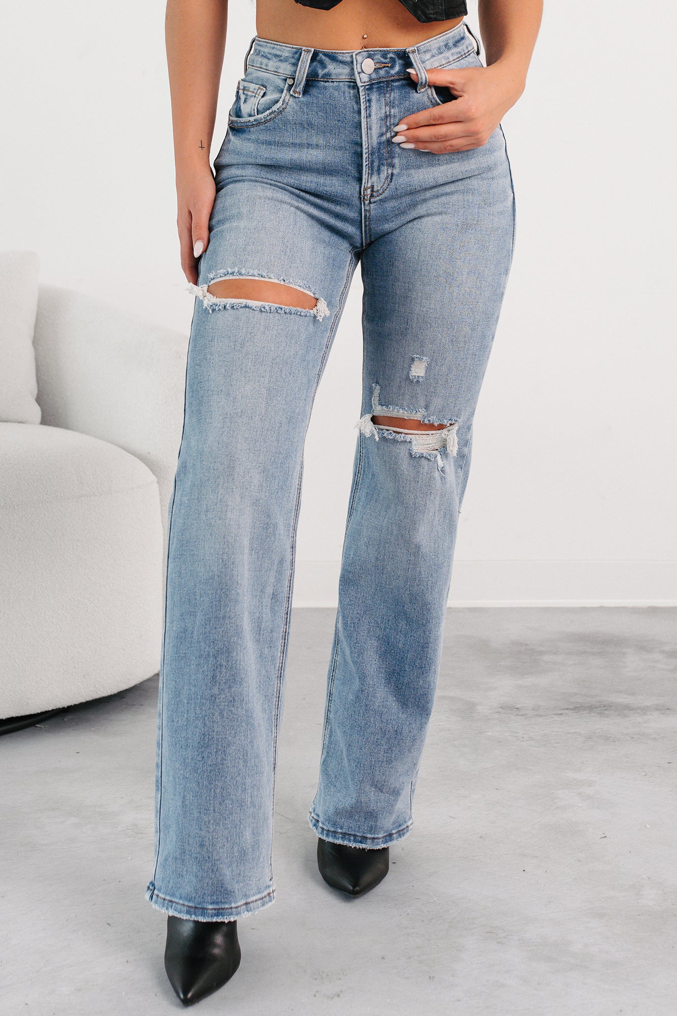 Dolly High Rise Straight Leg Distressed Risen Jeans (Medium)-The Formal Wear
