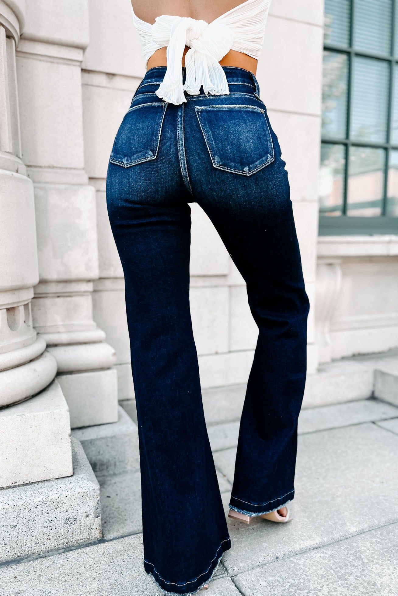 One More Round High Rise Distressed Flare Jeans (Dark)-The Formal Wear