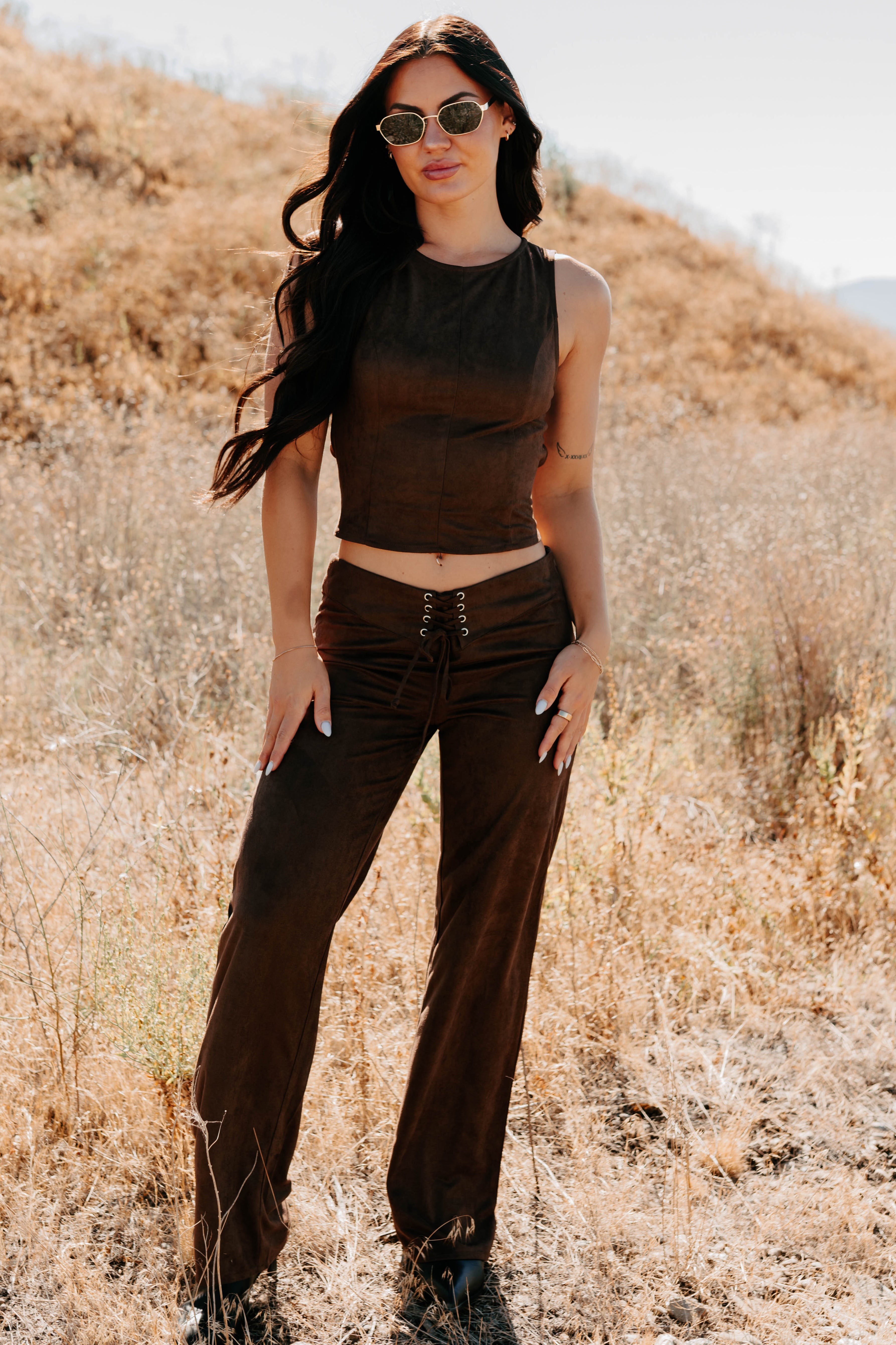 Unmatched Charm Lace-Up Suede Pants (Brown)-The Formal Wear