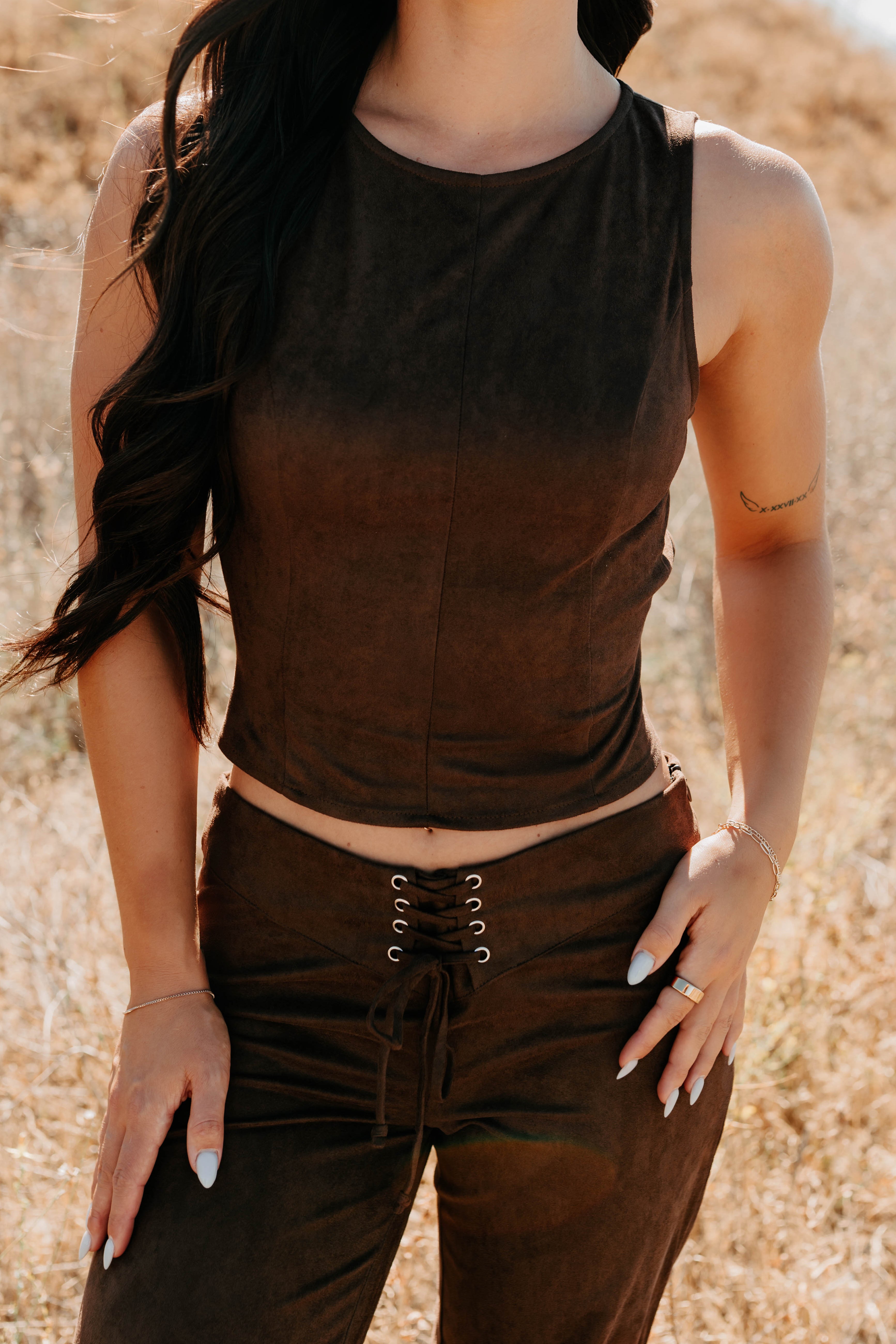 Add To Lore Open Back Lace-Up Suede Top (Brown)-The Formal Wear