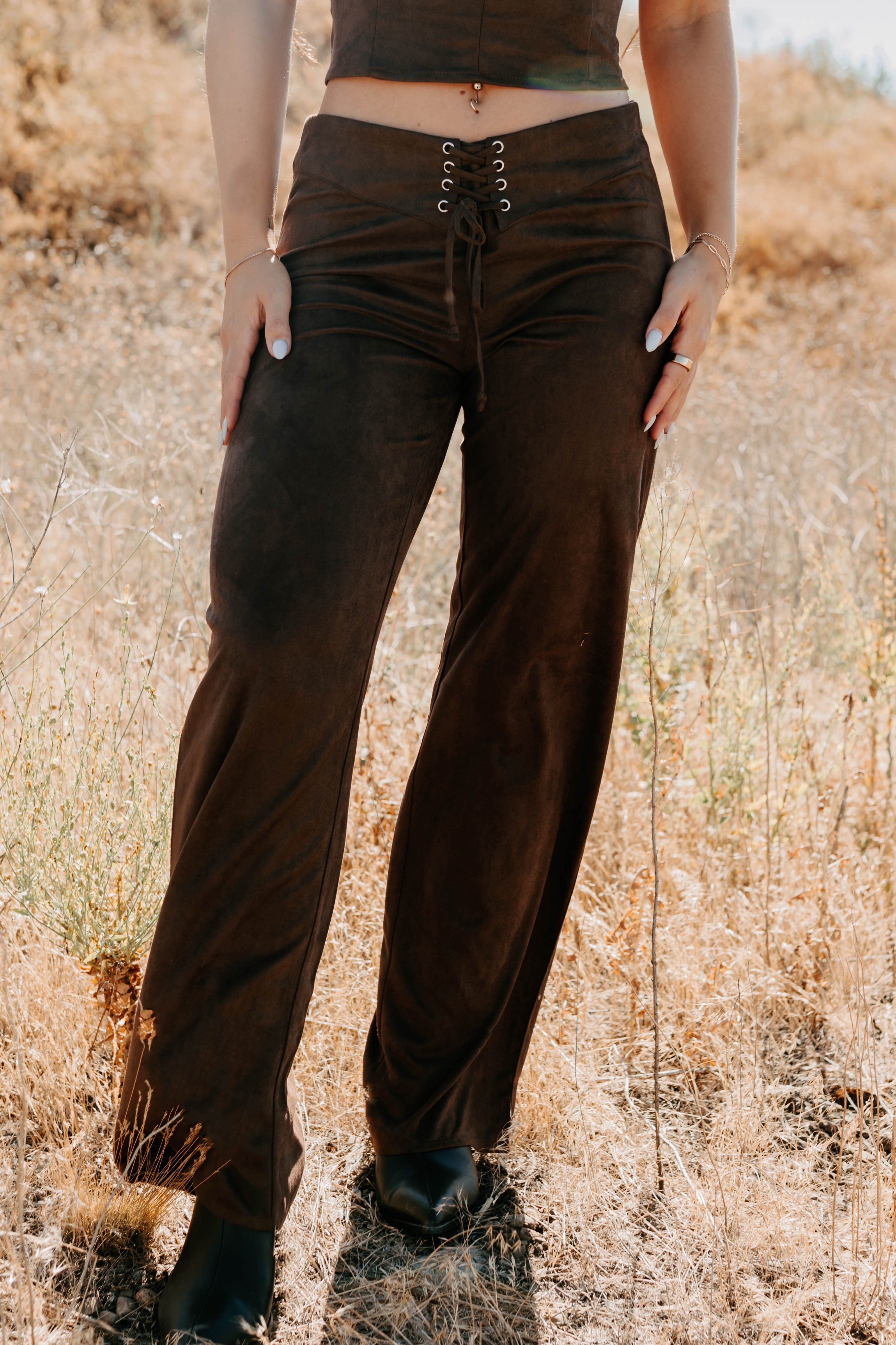 Unmatched Charm Lace-Up Suede Pants (Brown)-The Formal Wear