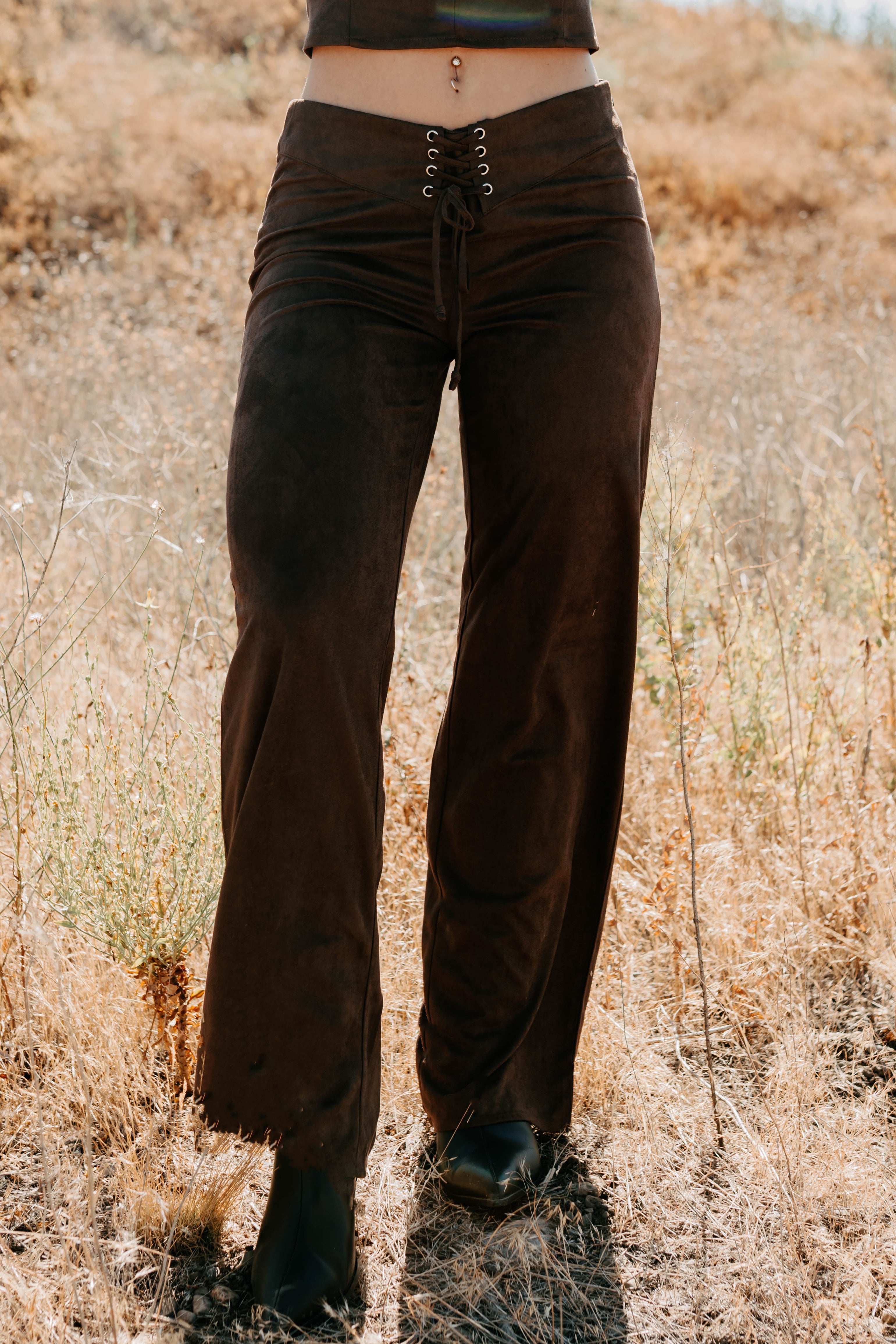 Unmatched Charm Lace-Up Suede Pants (Brown)-The Formal Wear