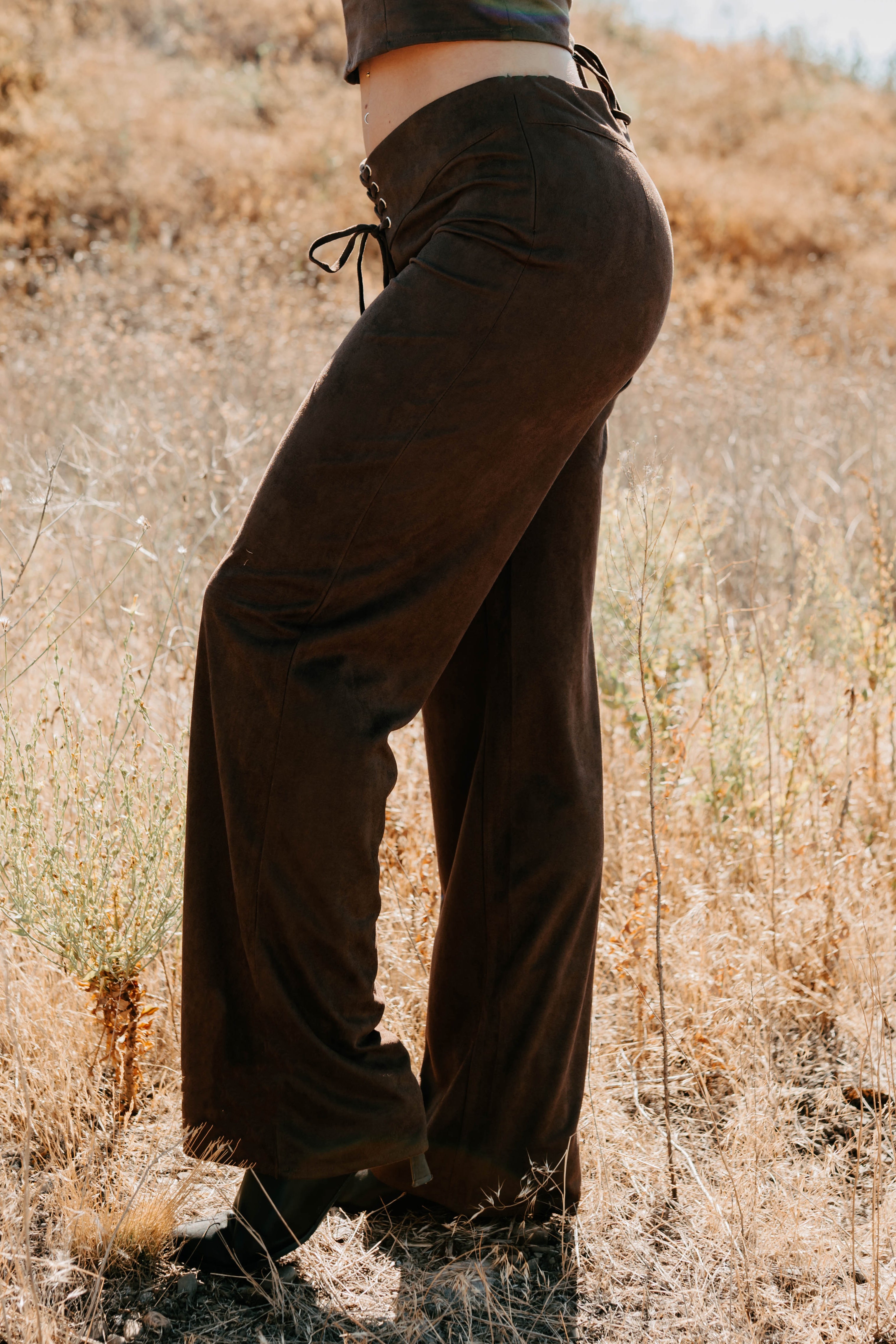 Unmatched Charm Lace-Up Suede Pants (Brown)-The Formal Wear