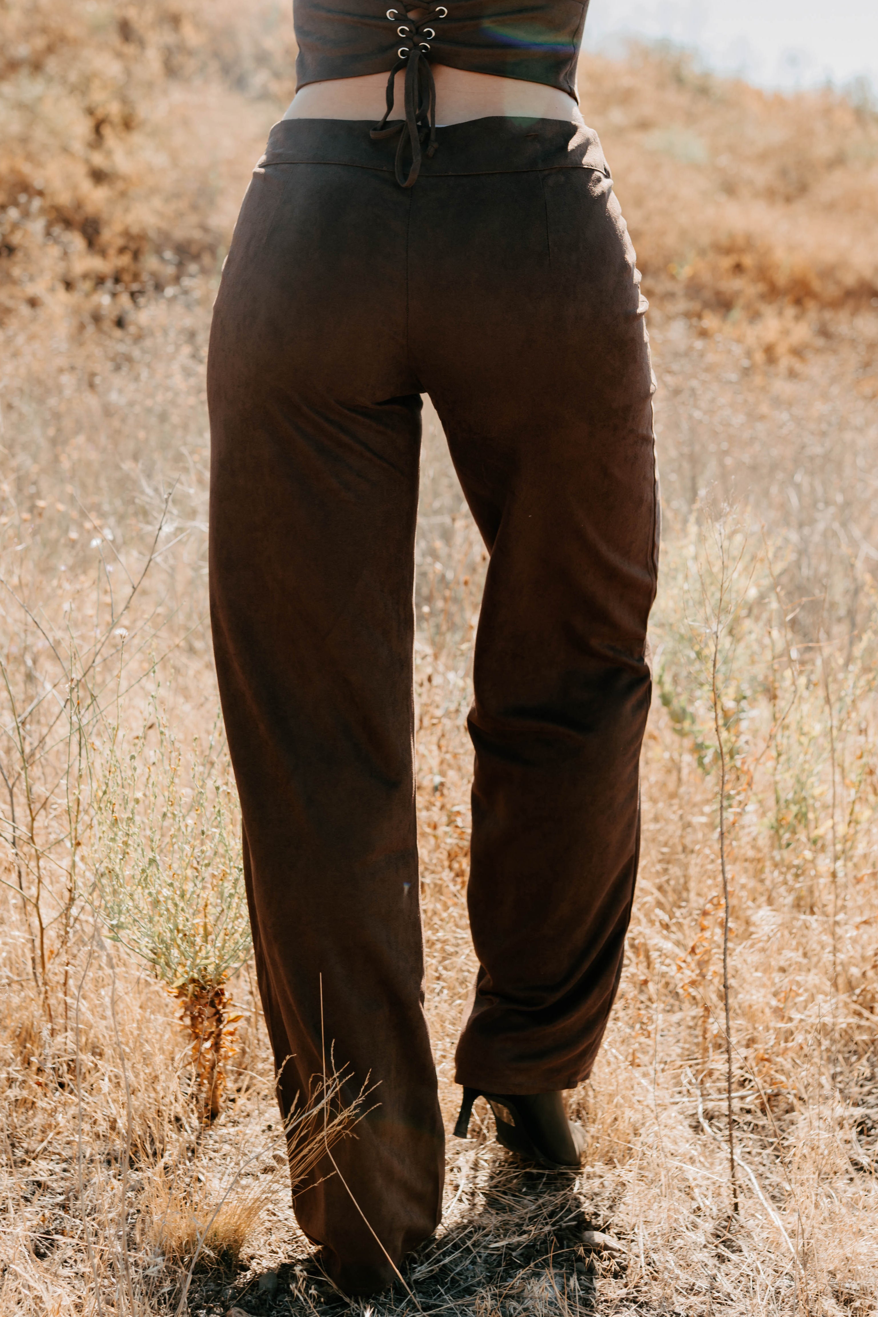 Unmatched Charm Lace-Up Suede Pants (Brown)-The Formal Wear