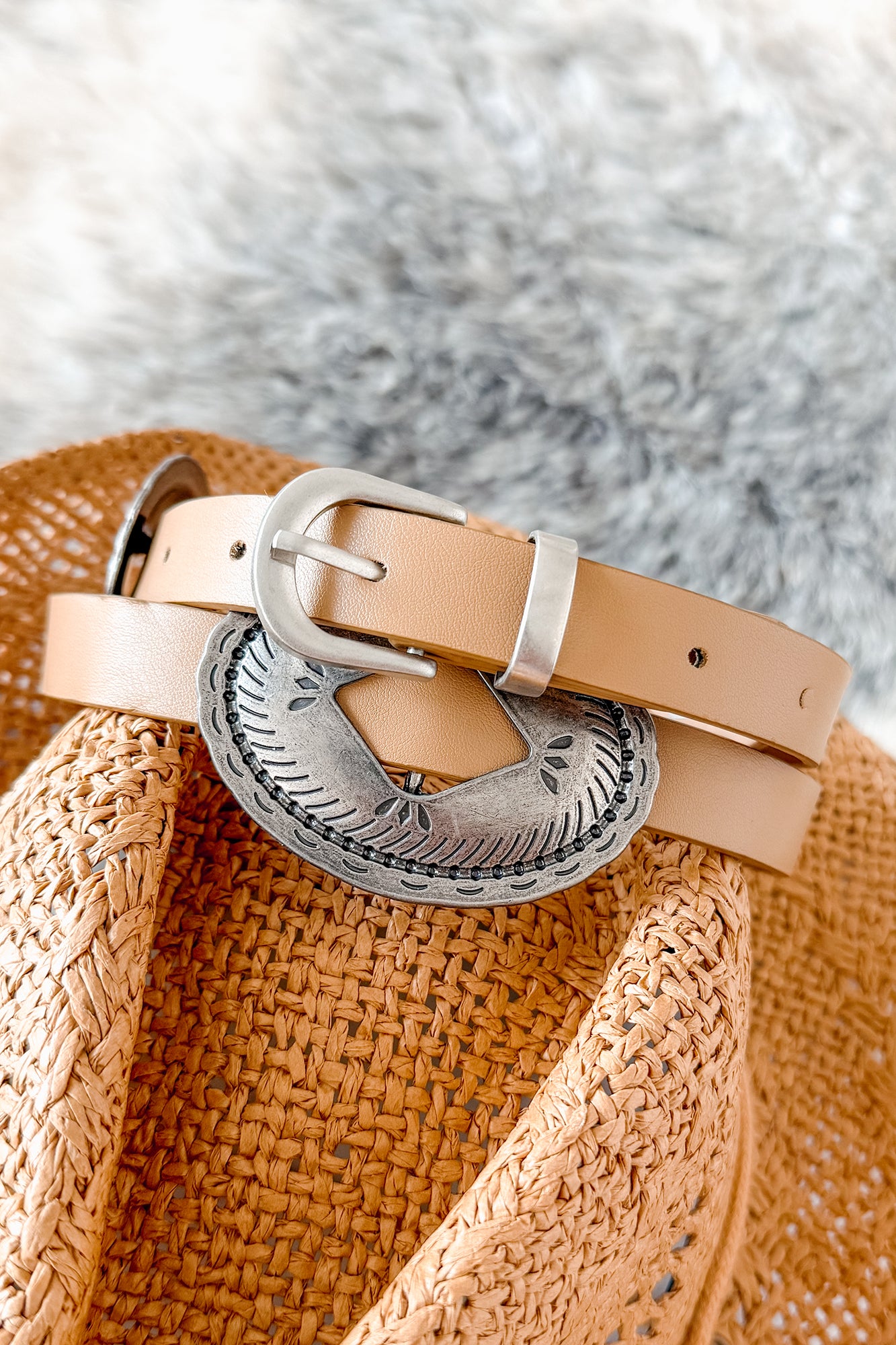 Glow & Conquer Faux Leather Thin Concho Belt (Ivory)-The Formal Wear