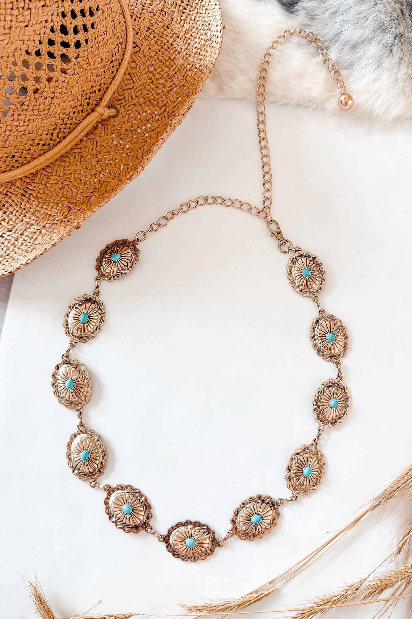 Vibing Loud Turquoise Stone Concho Chain Belt (Gold)-The Formal Wear