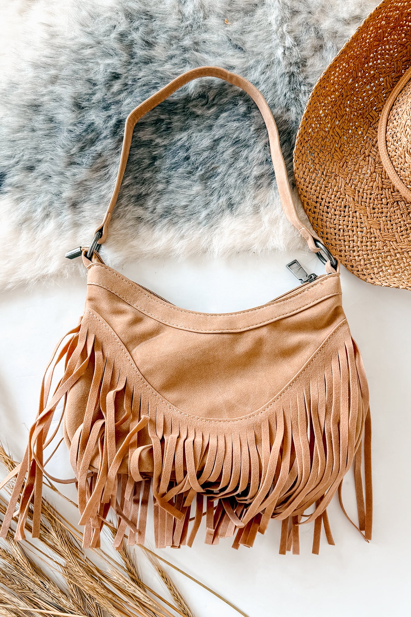 Wildflower Whiskey Faux Suede Fringe Bag (Taupe)-The Formal Wear