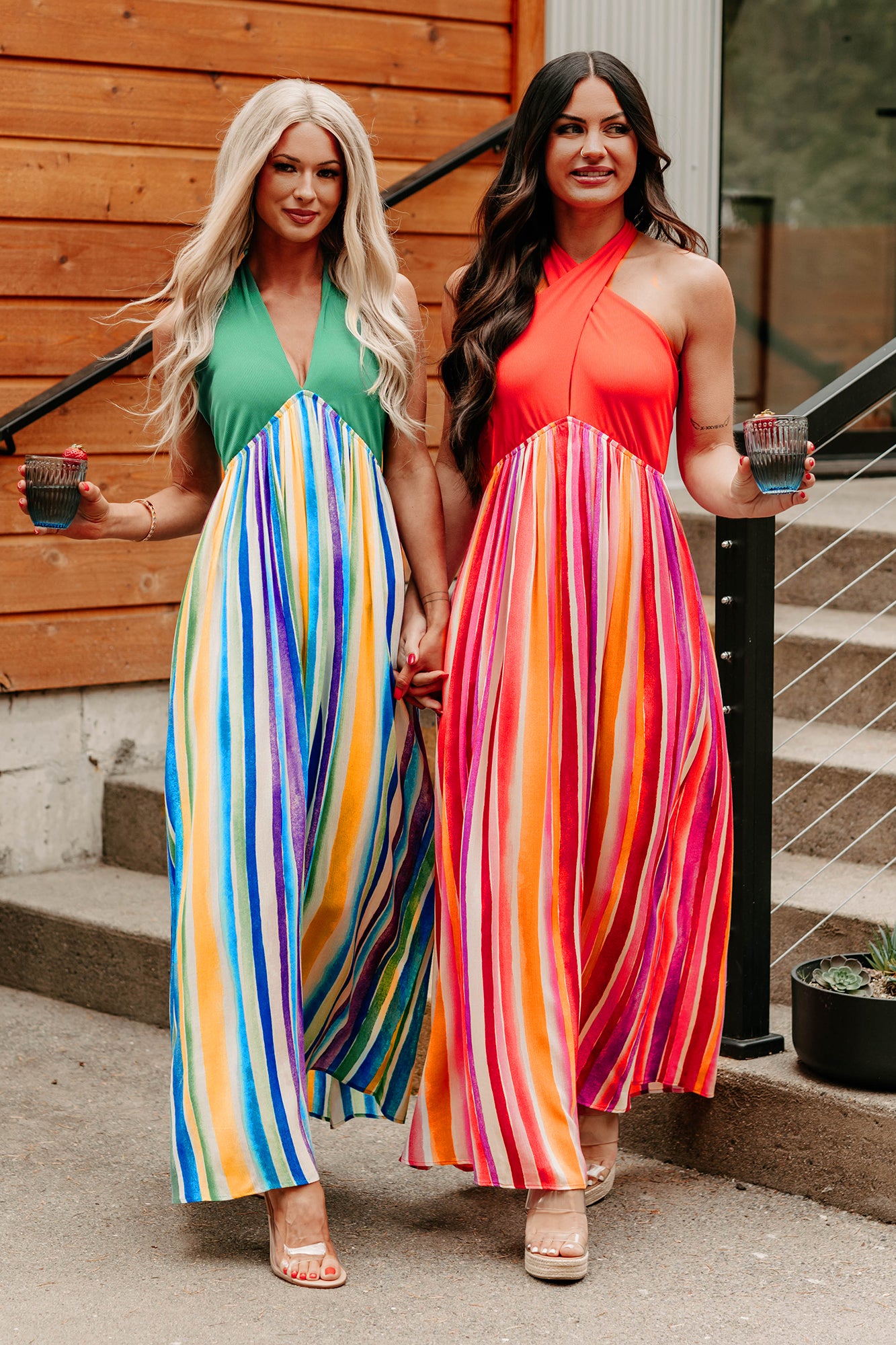 Beauty Awaits Striped Halter Maxi Dress (Green)-The Formal Wear