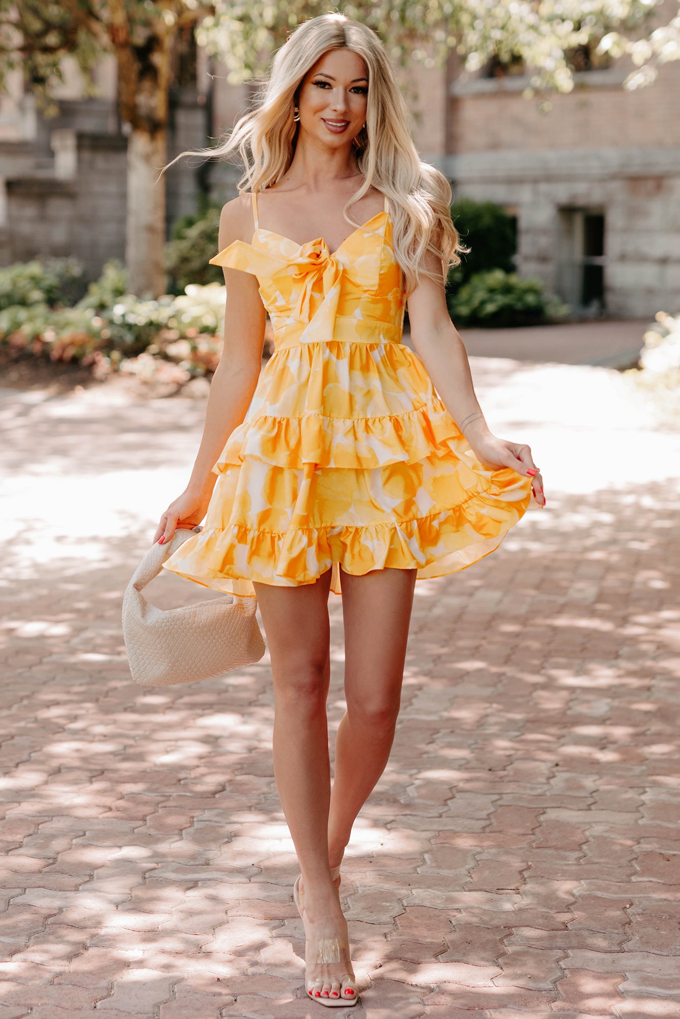 Chasing the Sun Ruffled Print Bow Tie Mini Dress (Lemon)-The Formal Wear