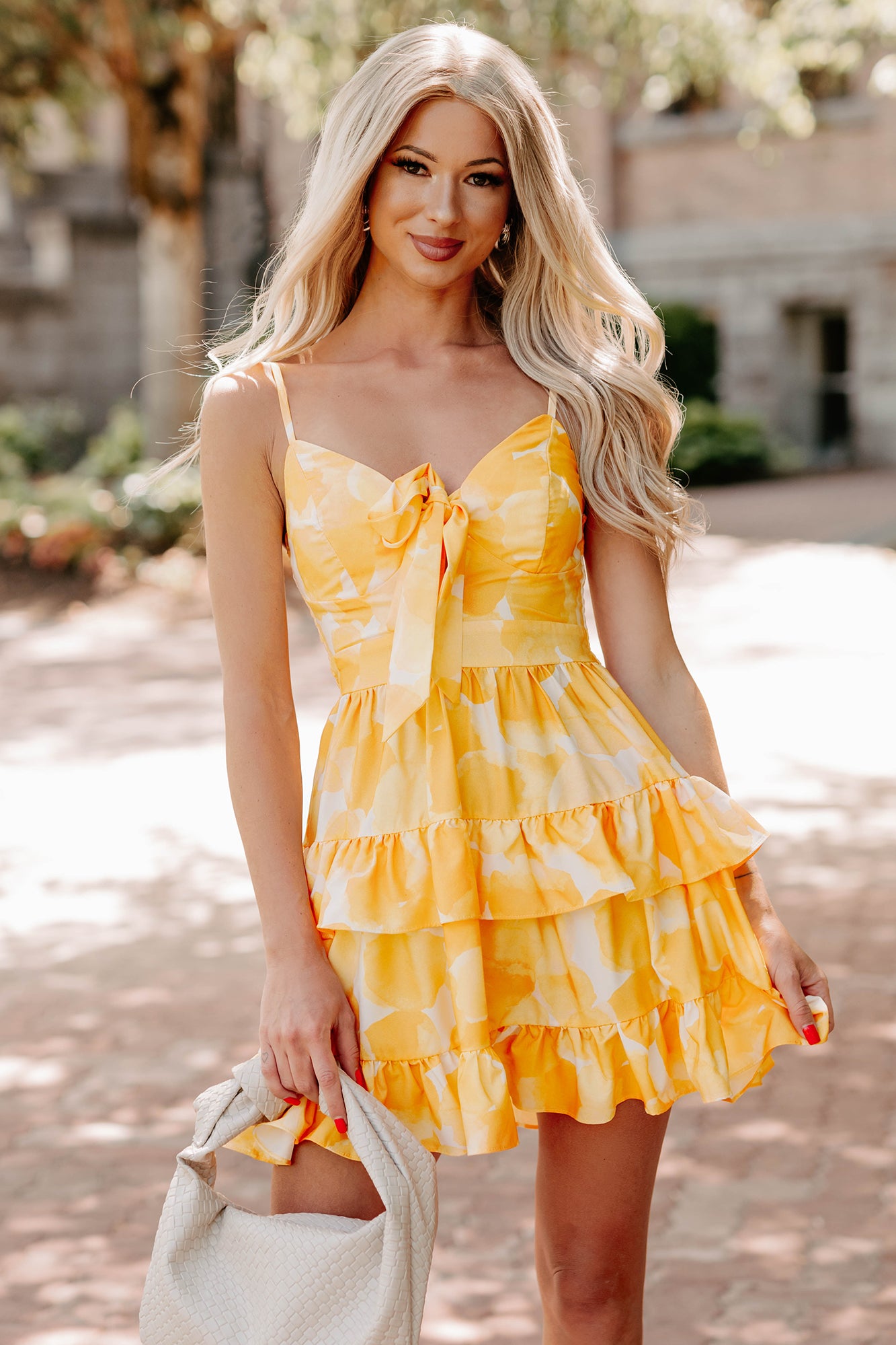 Chasing the Sun Ruffled Print Bow Tie Mini Dress (Lemon)-The Formal Wear