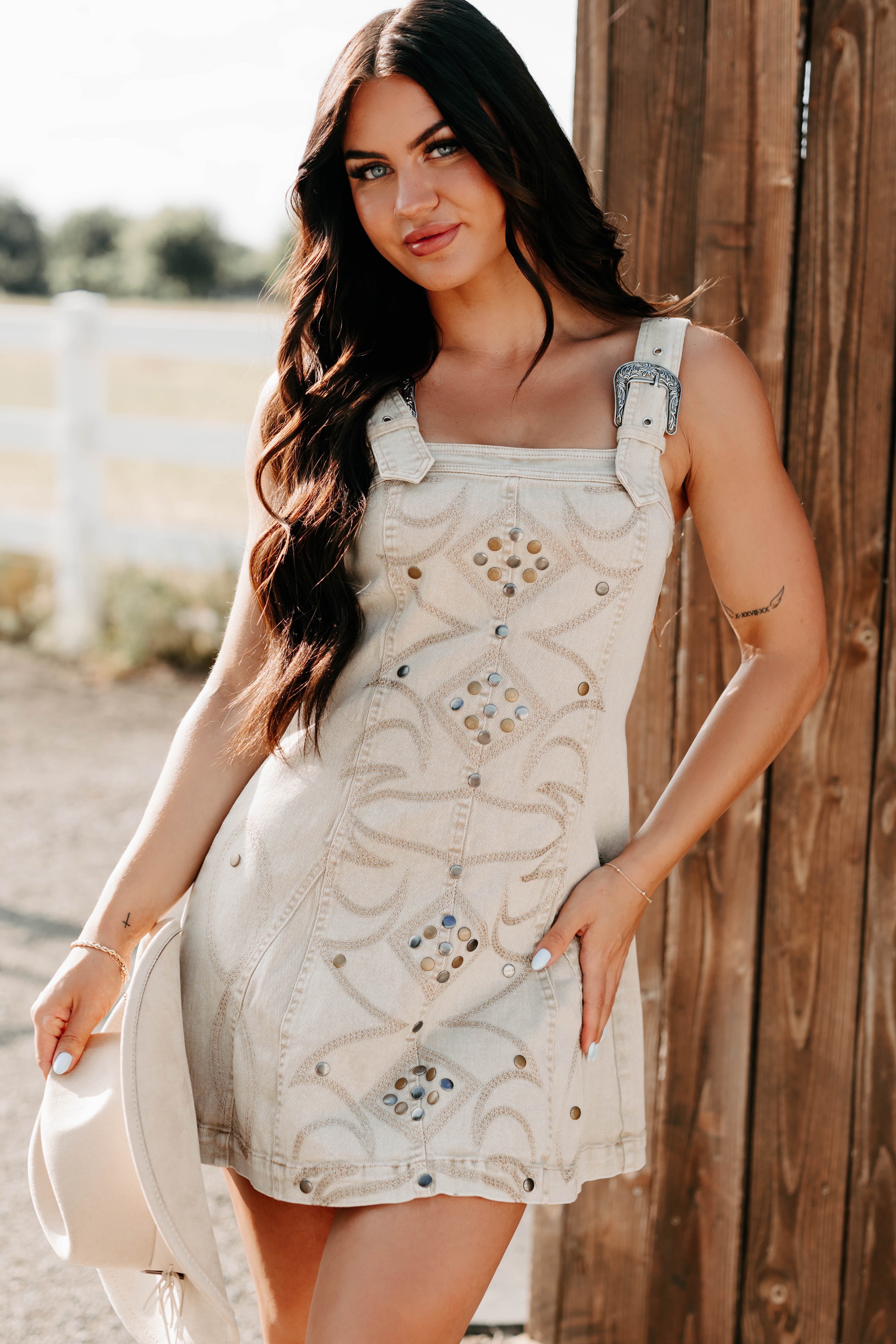 Prairie Blossom Western Denim Mini Dress (Sand)-The Formal Wear