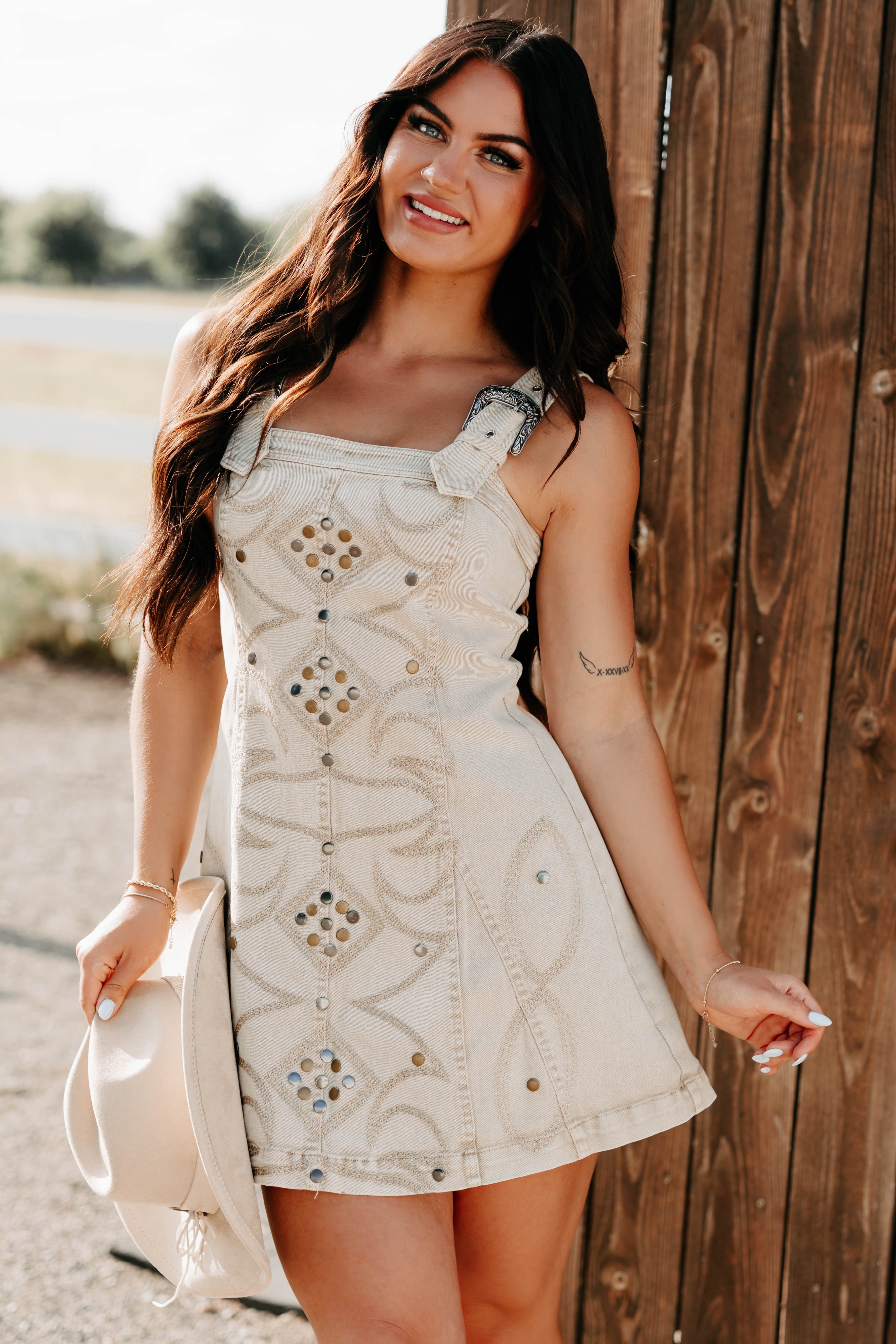 Prairie Blossom Western Denim Mini Dress (Sand)-The Formal Wear