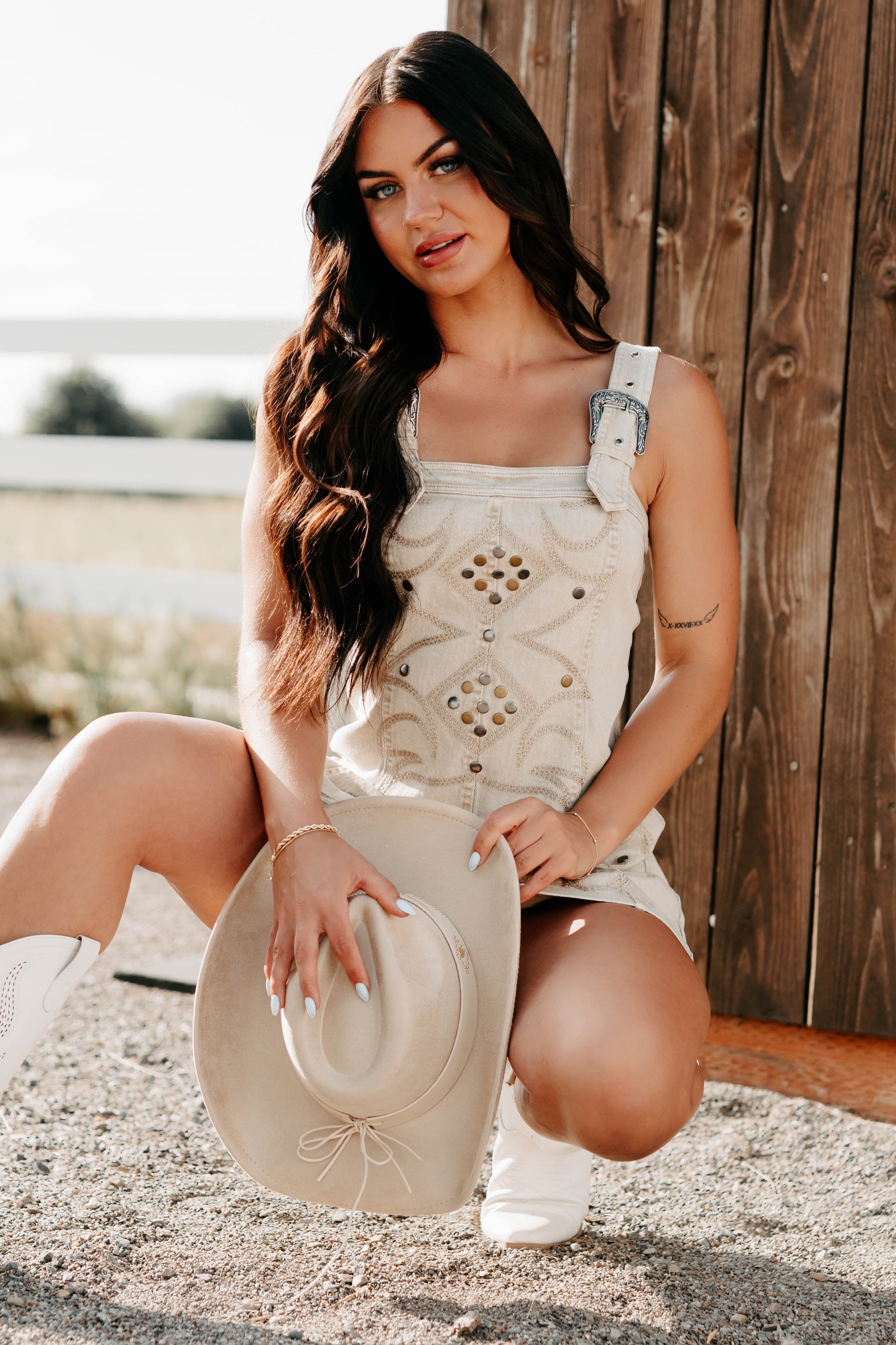 Prairie Blossom Western Denim Mini Dress (Sand)-The Formal Wear