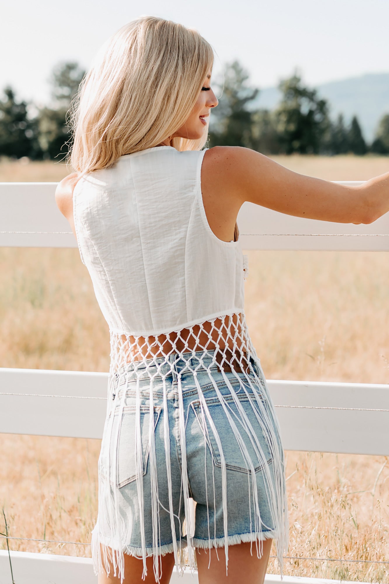 Western Nights Beaded Fringe Vest Top (White)-The Formal Wear