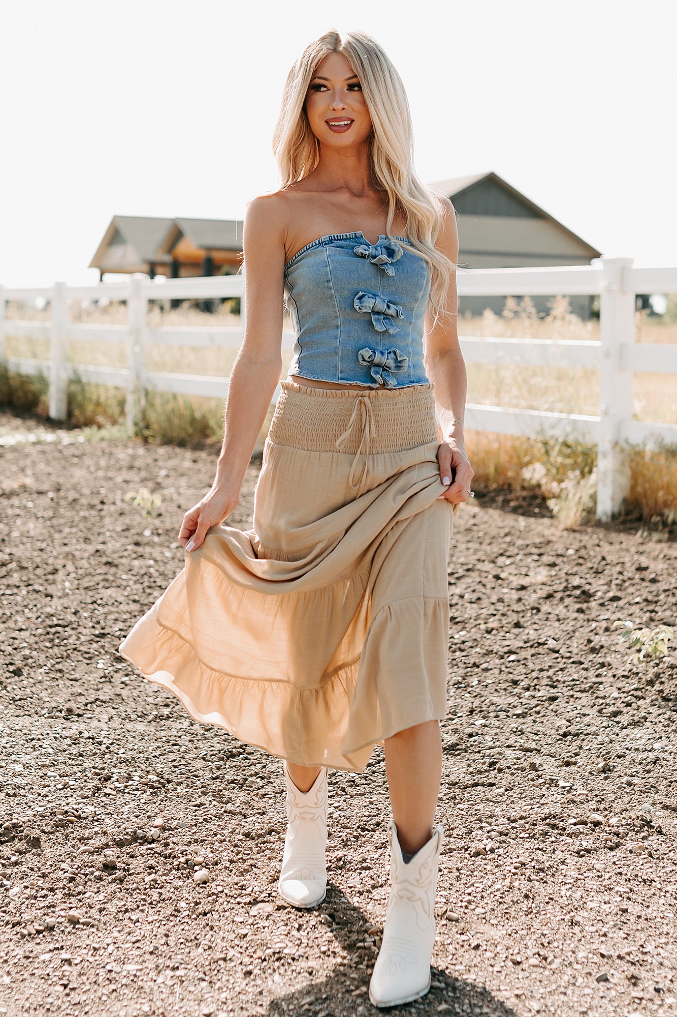 Back To Strangers Denim Bow Front Corset Top (Light Wash)-The Formal Wear