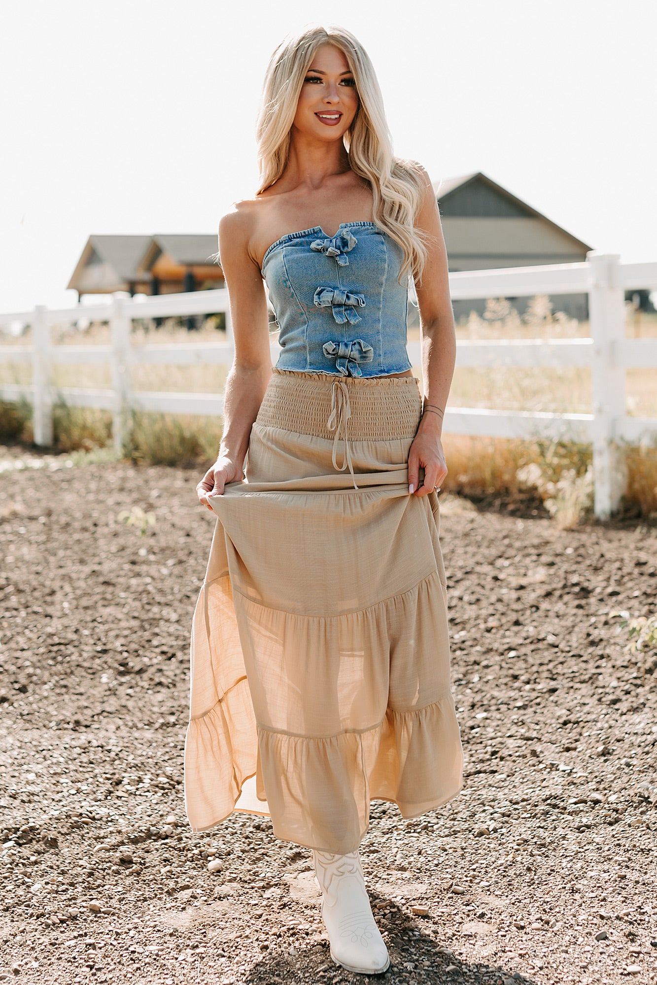 Back To Strangers Denim Bow Front Corset Top (Light Wash)-The Formal Wear