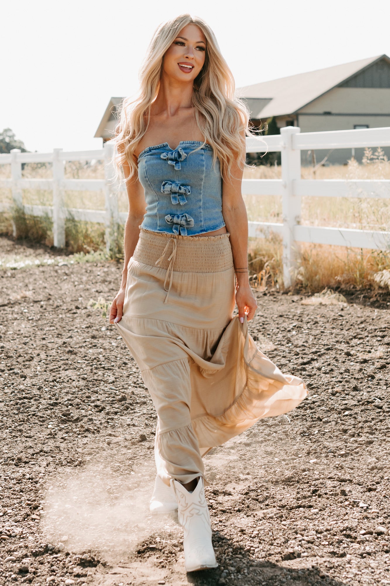 Back To Strangers Denim Bow Front Corset Top (Light Wash)-The Formal Wear