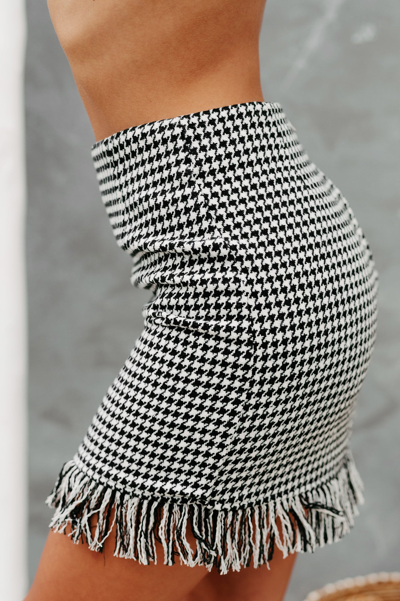 Bitter Love Fringed Houndstooth Mini Skirt (Cream/Black)-The Formal Wear