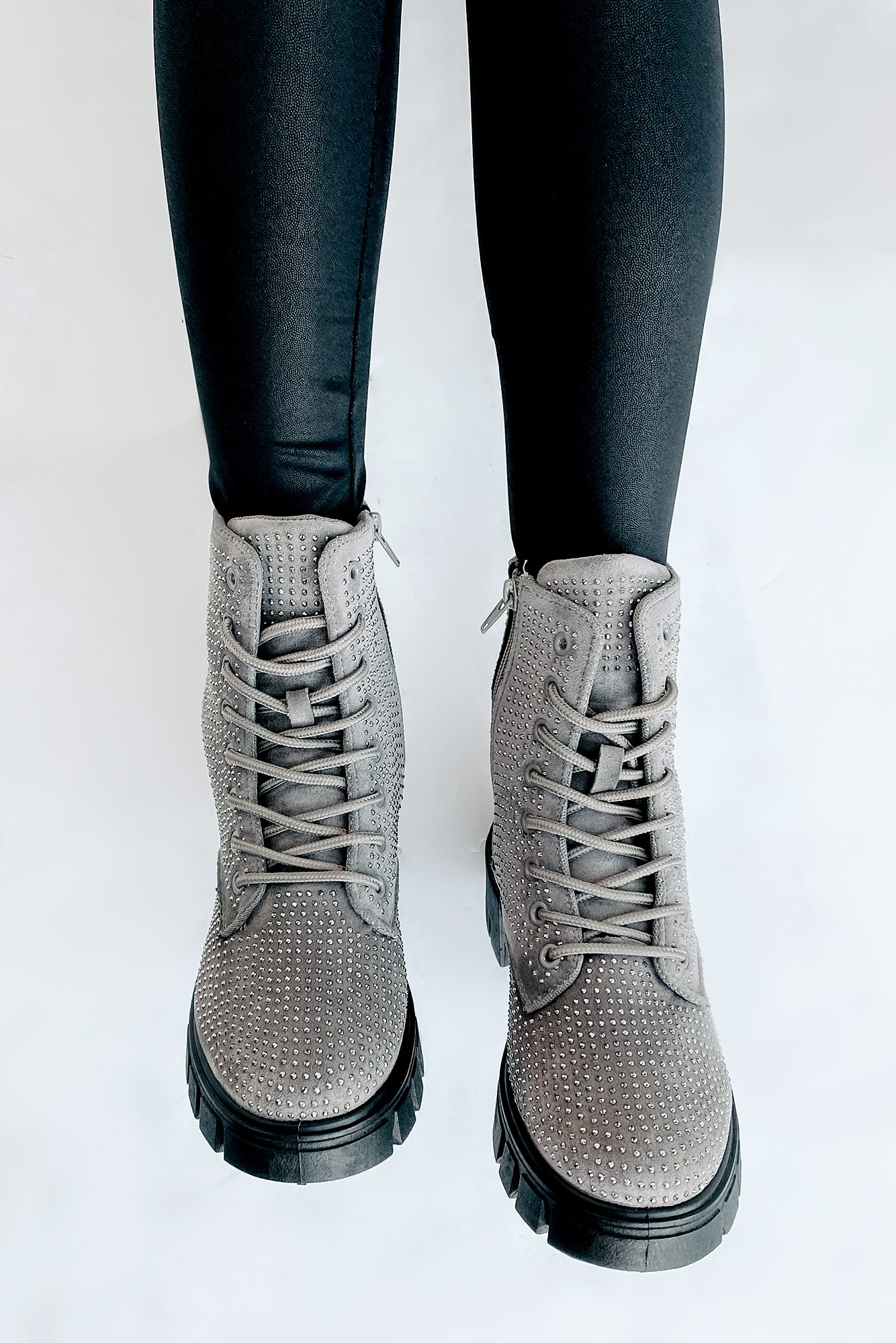 Spunky Sweetie Rhinestone Combat Boots (Silver)-The Formal Wear