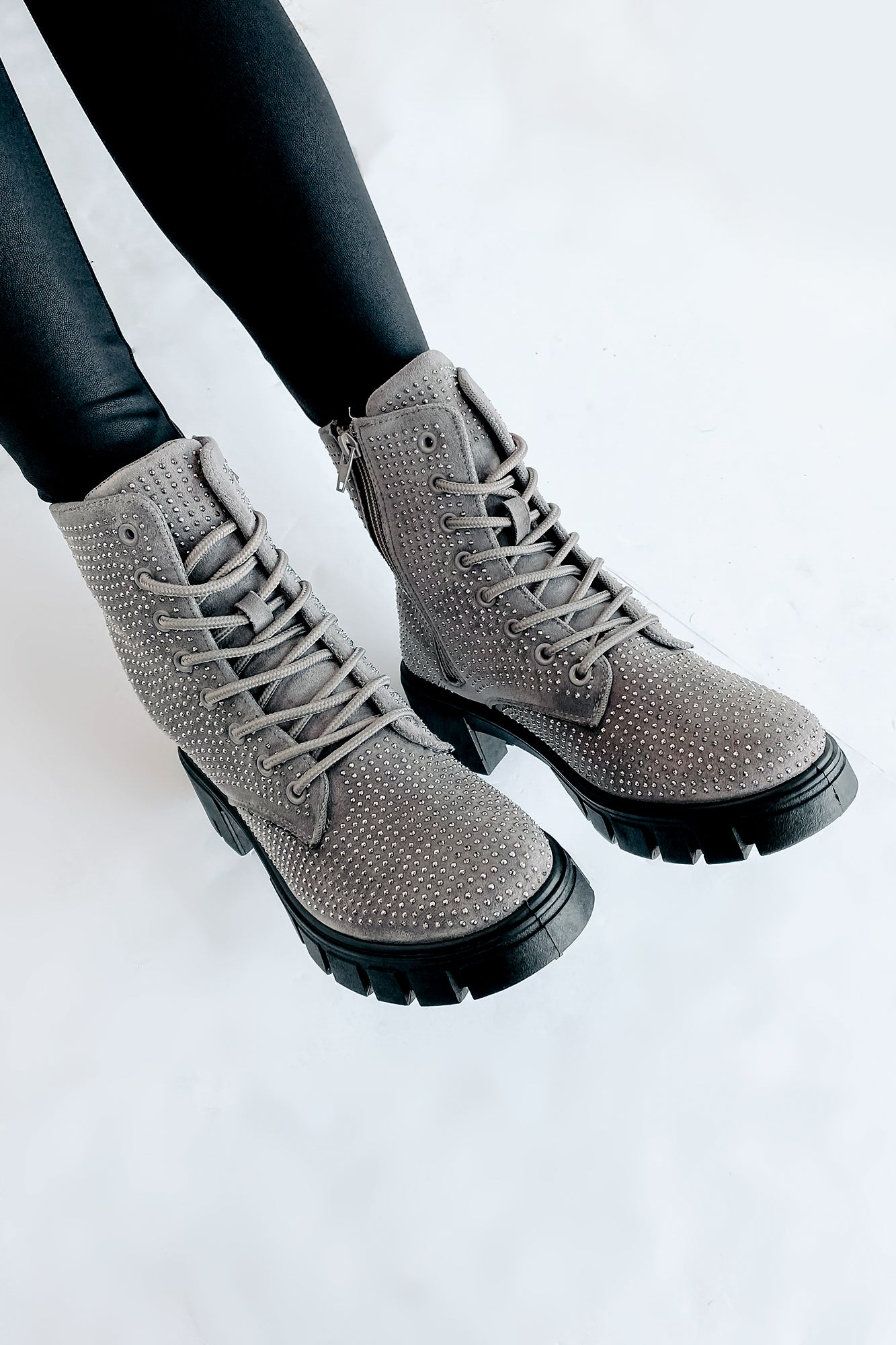 Spunky Sweetie Rhinestone Combat Boots (Silver)-The Formal Wear