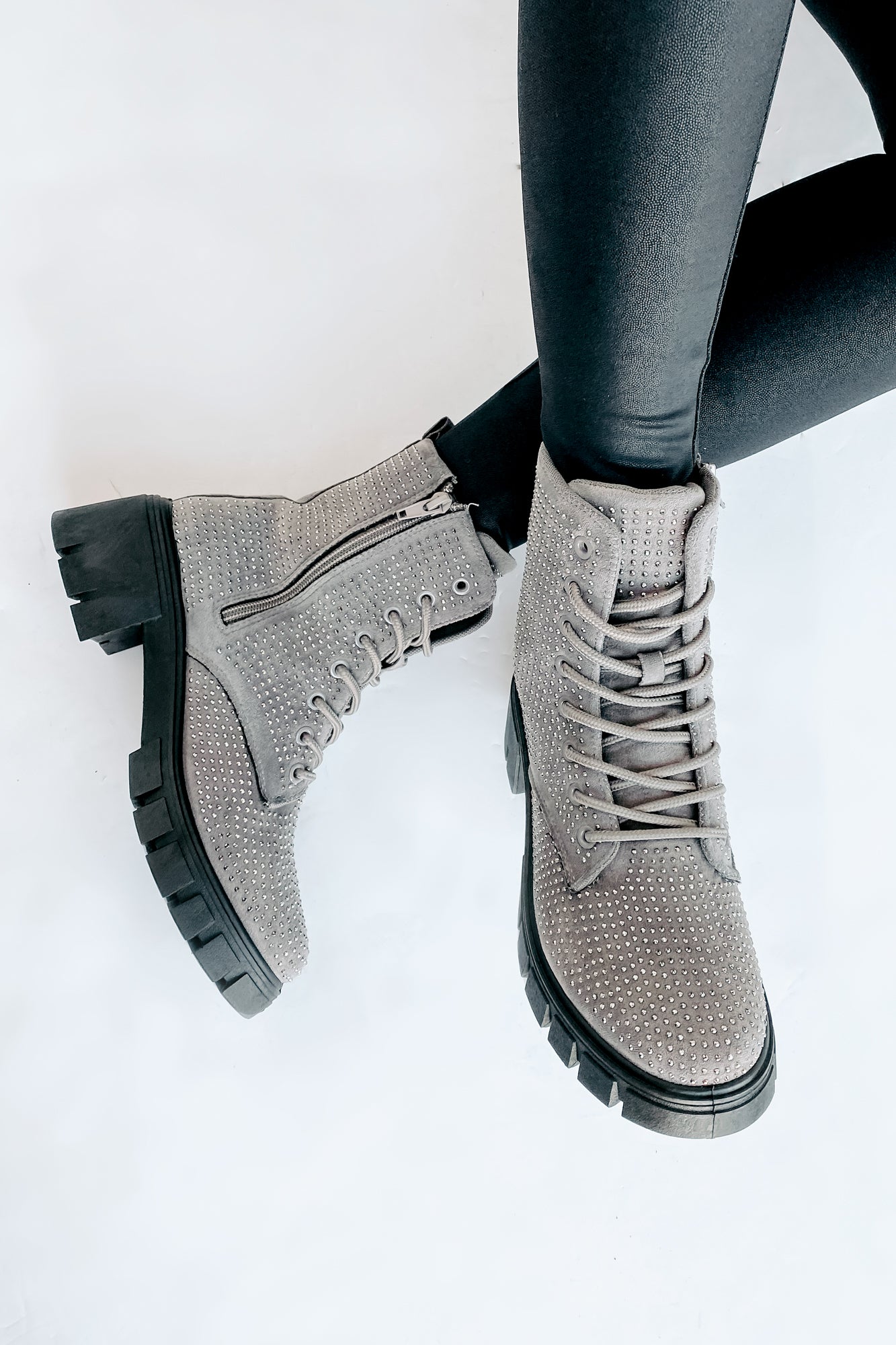 Spunky Sweetie Rhinestone Combat Boots (Silver)-The Formal Wear