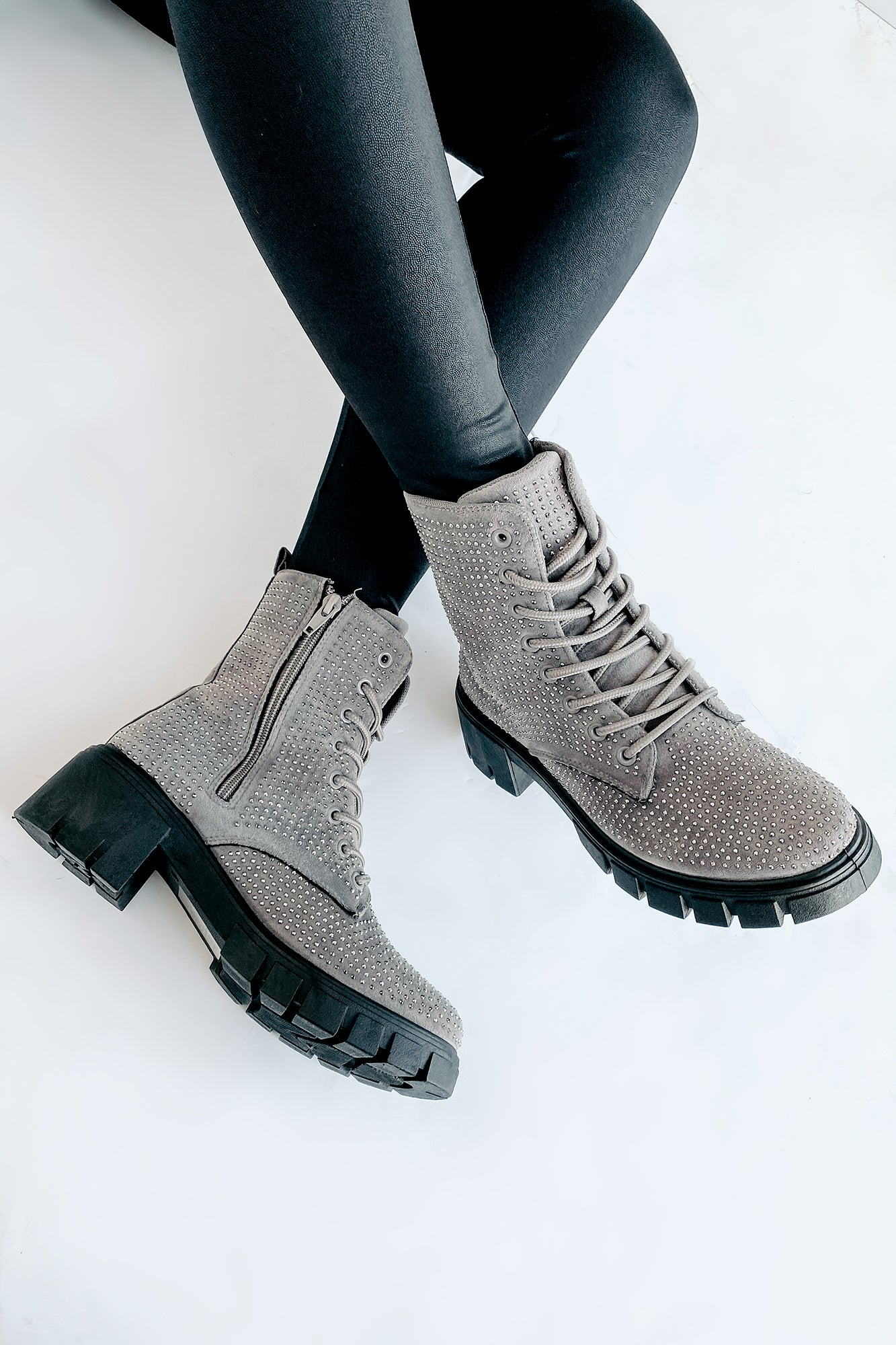 Spunky Sweetie Rhinestone Combat Boots (Silver)-The Formal Wear