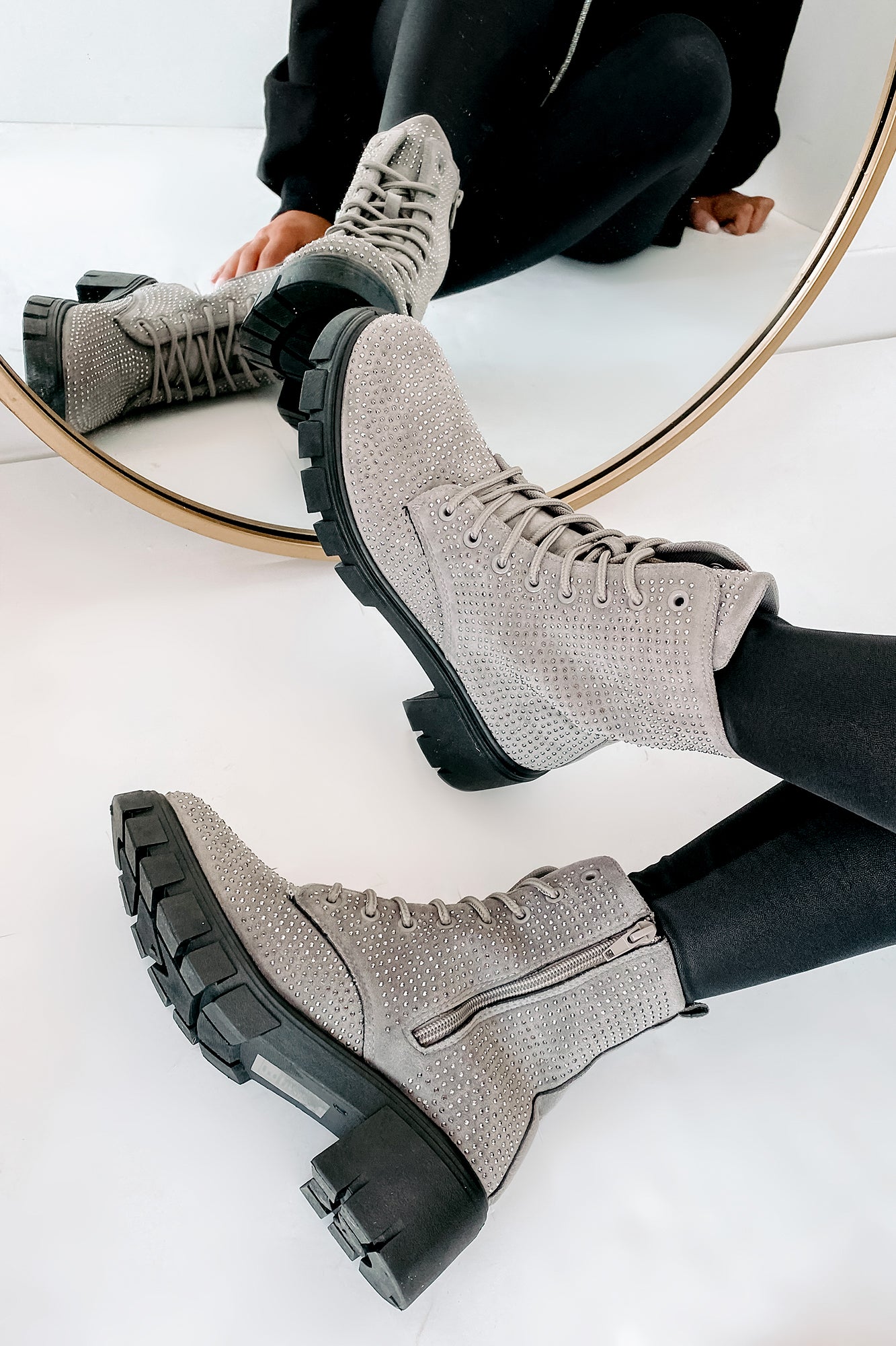 Spunky Sweetie Rhinestone Combat Boots (Silver)-The Formal Wear