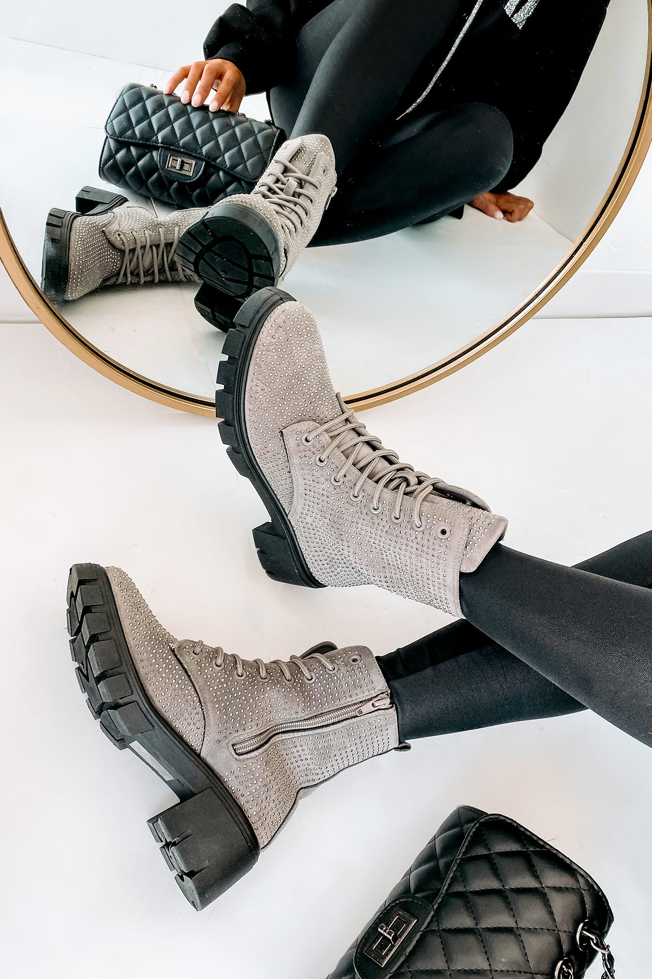 Spunky Sweetie Rhinestone Combat Boots (Silver)-The Formal Wear