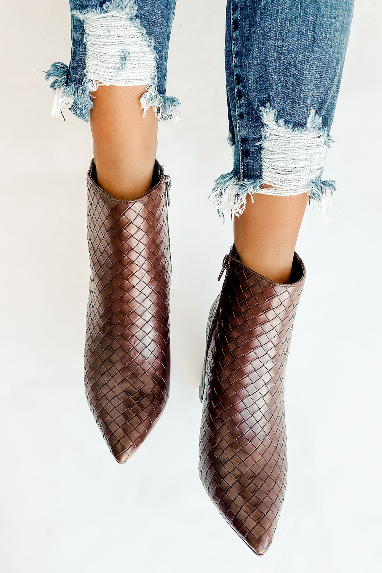 Tabby Faux Leather Woven Textured Booties (Brown)-The Formal Wear