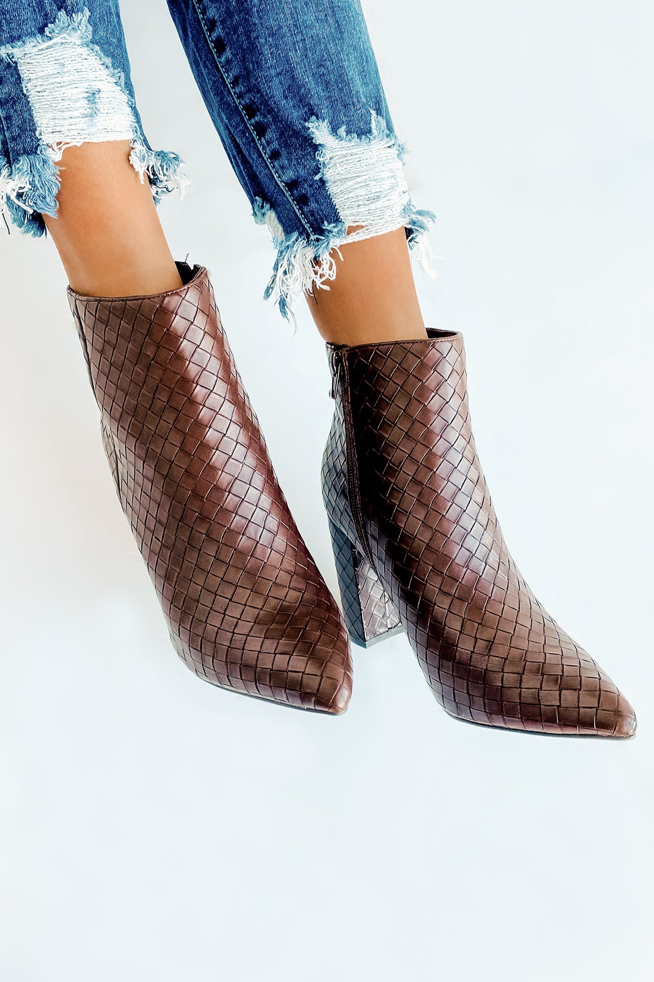 Tabby Faux Leather Woven Textured Booties (Brown)-The Formal Wear