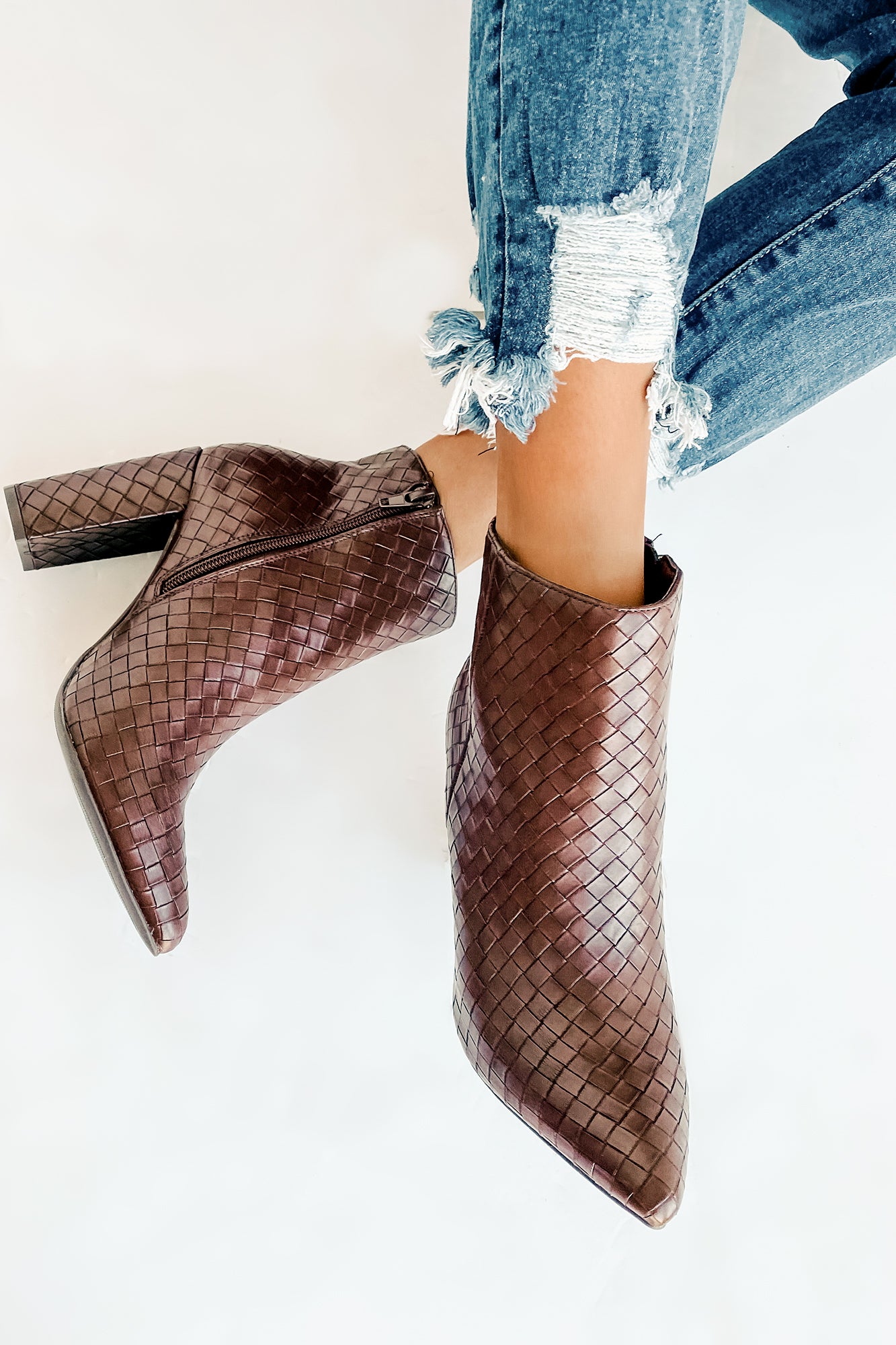 Tabby Faux Leather Woven Textured Booties (Brown)-The Formal Wear