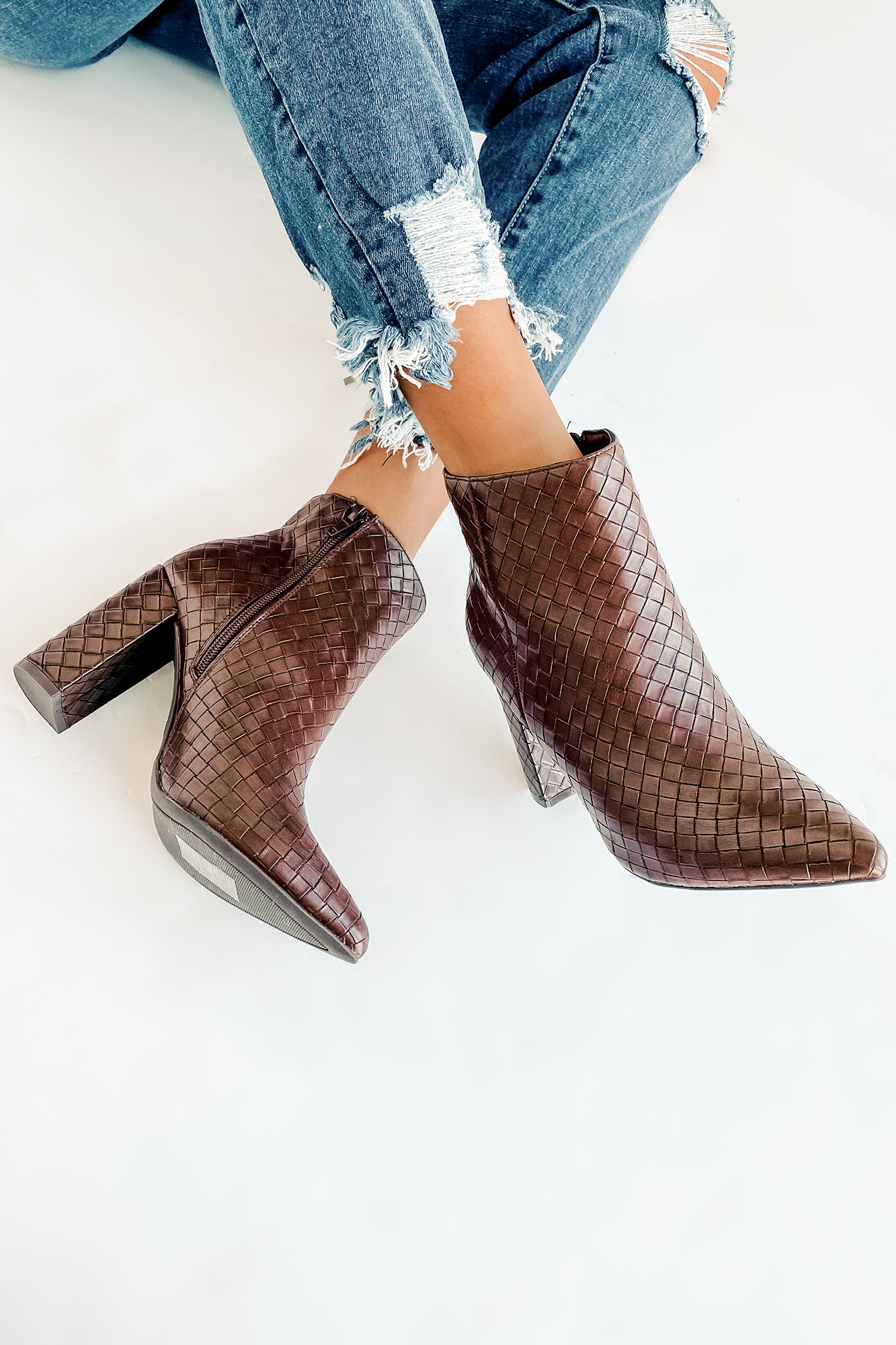 Tabby Faux Leather Woven Textured Booties (Brown)-The Formal Wear