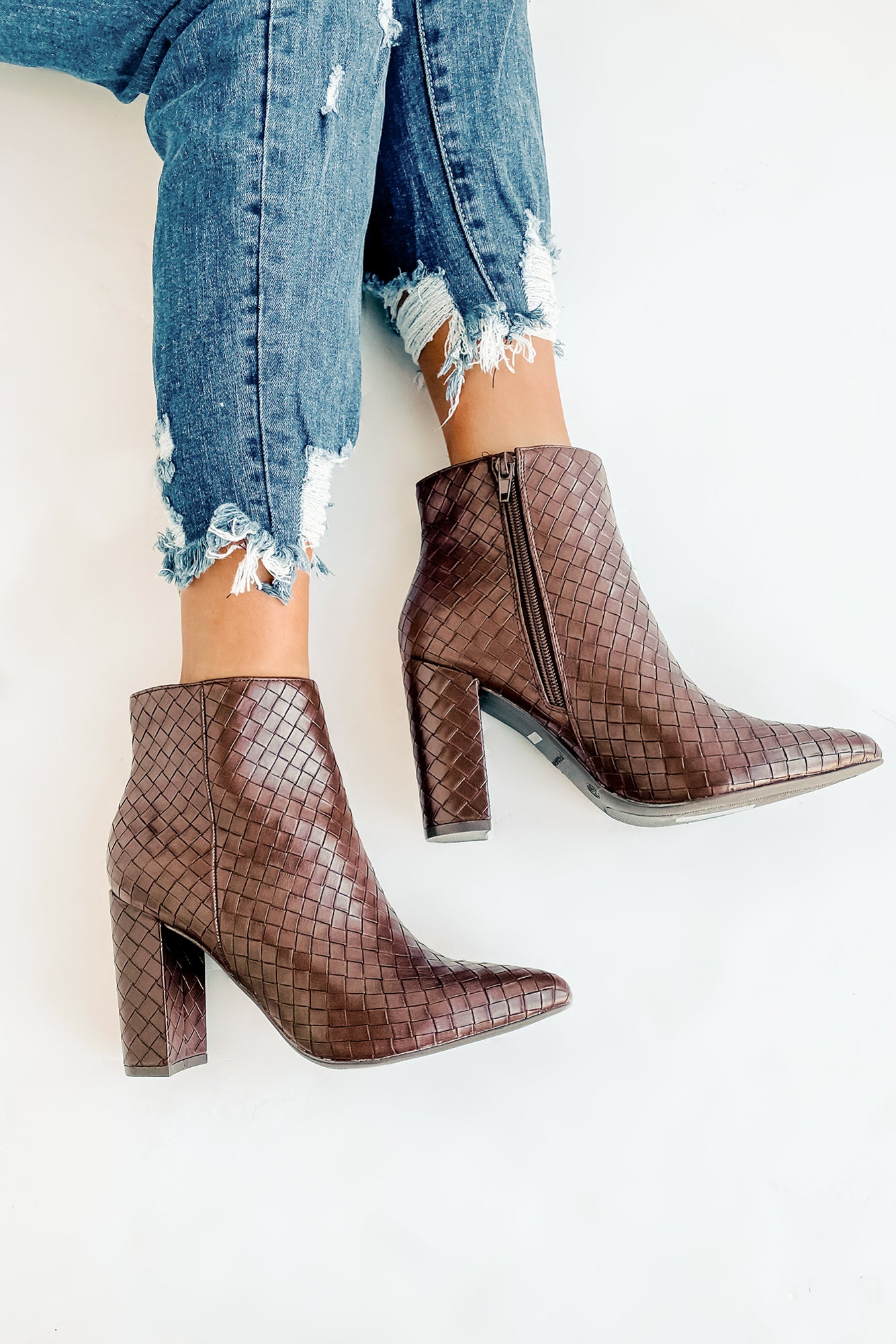 Tabby Faux Leather Woven Textured Booties (Brown)-The Formal Wear