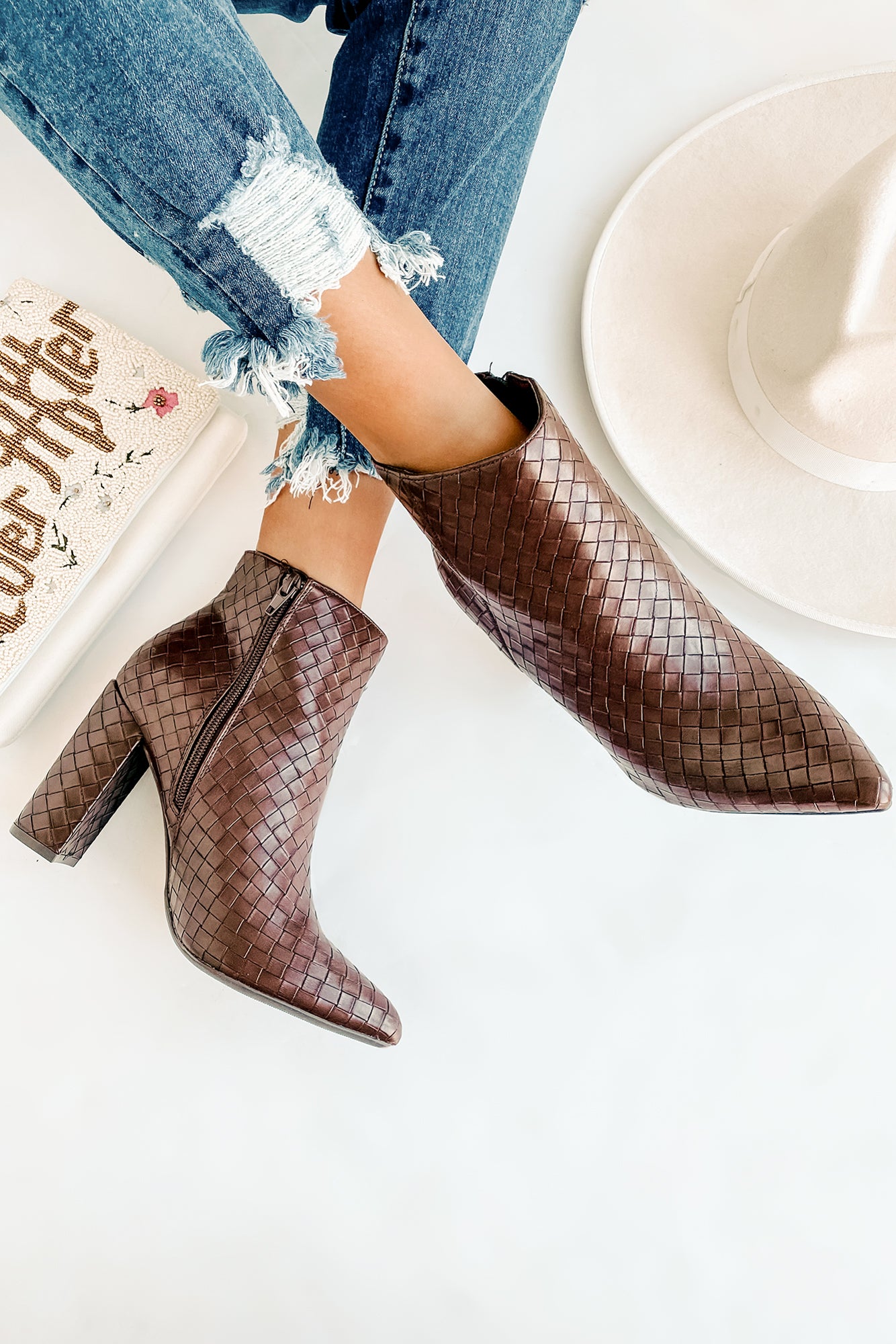 Tabby Faux Leather Woven Textured Booties (Brown)-The Formal Wear