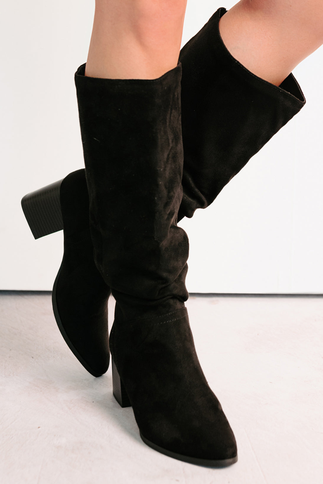 Bare & Bold Chunky Heel Faux Suede Boots (Black)-The Formal Wear