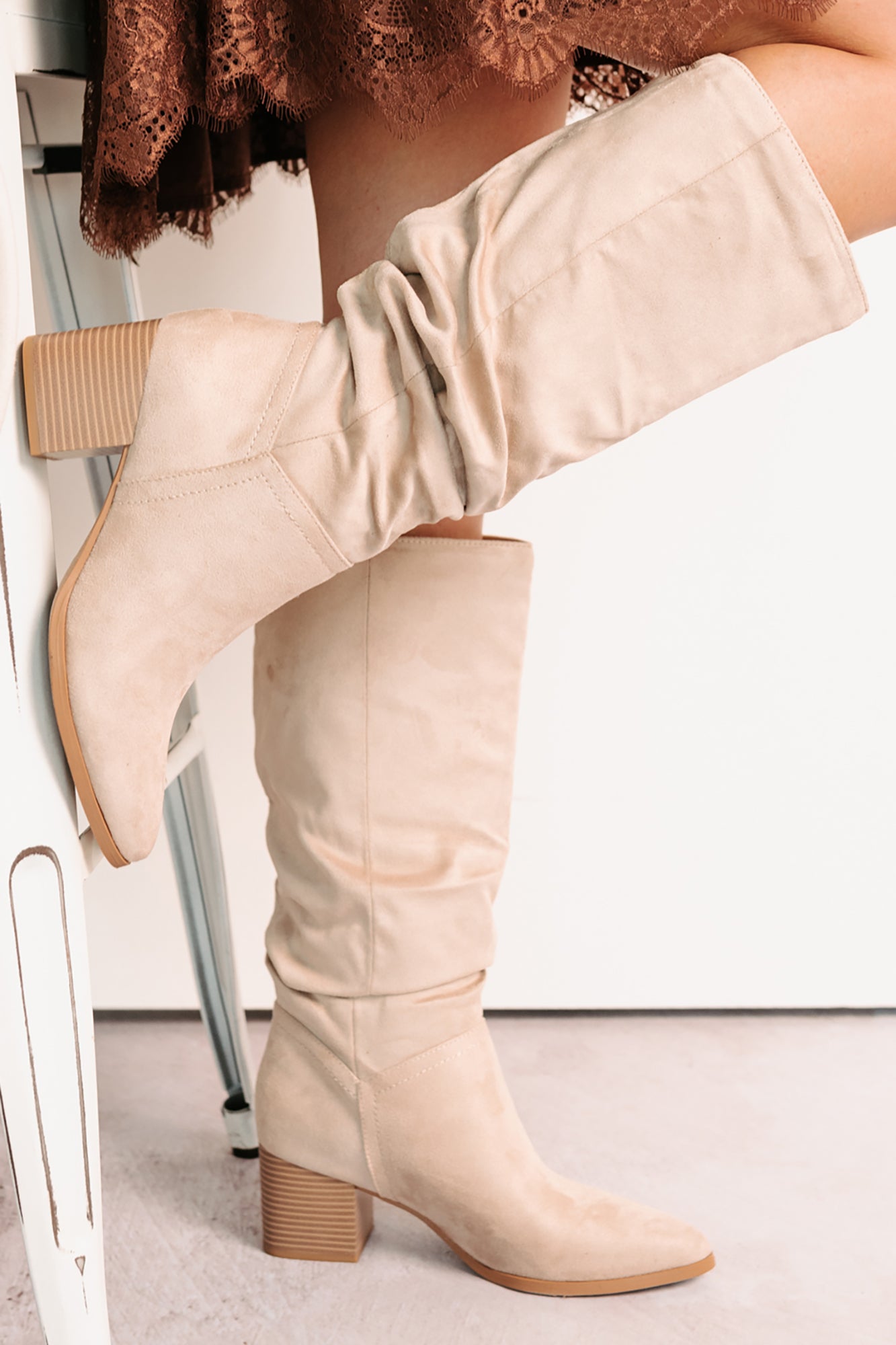 Bare & Bold Chunky Heel Faux Suede Boots (Clay)-The Formal Wear