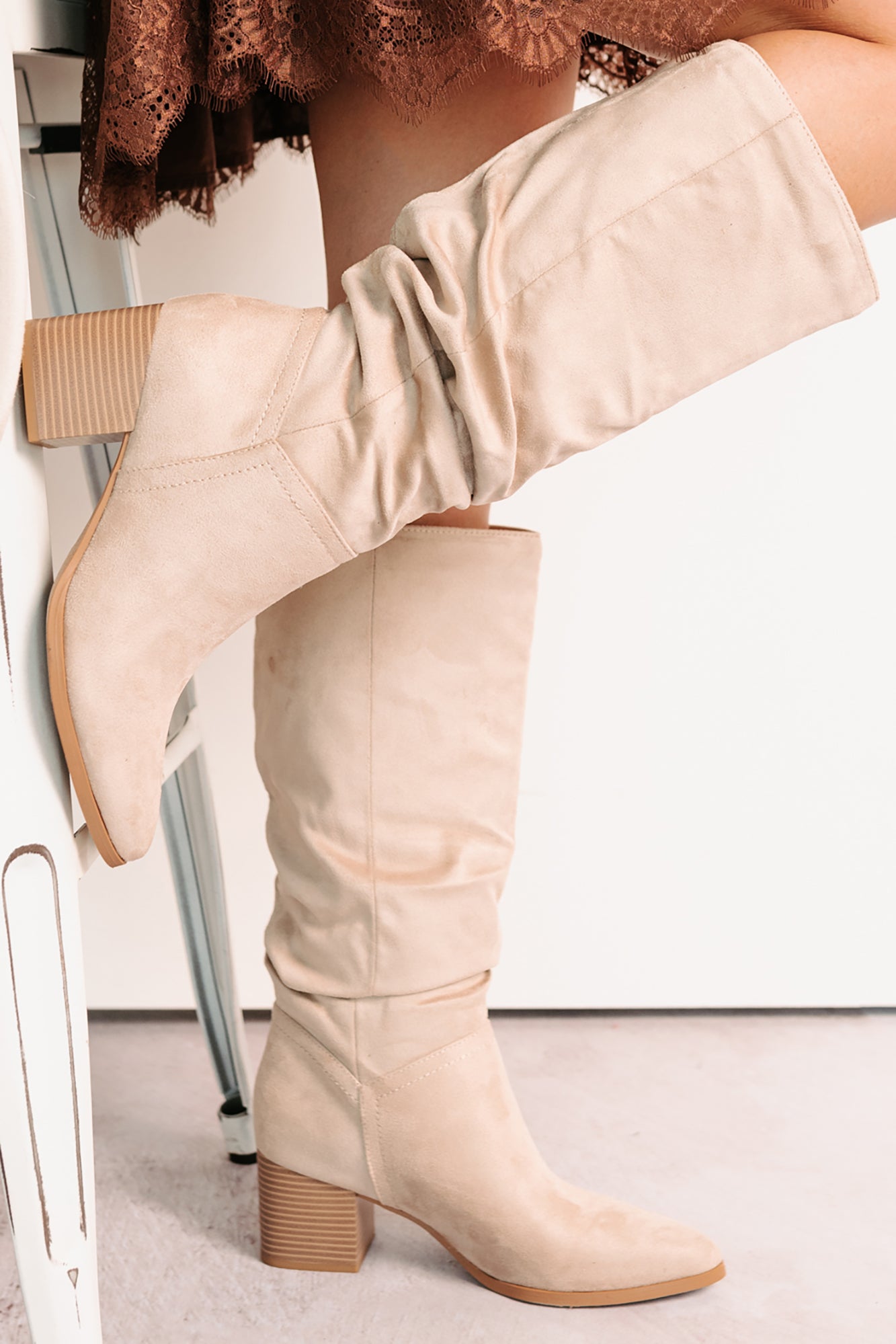 Bare & Bold Chunky Heel Faux Suede Boots (Clay)-The Formal Wear