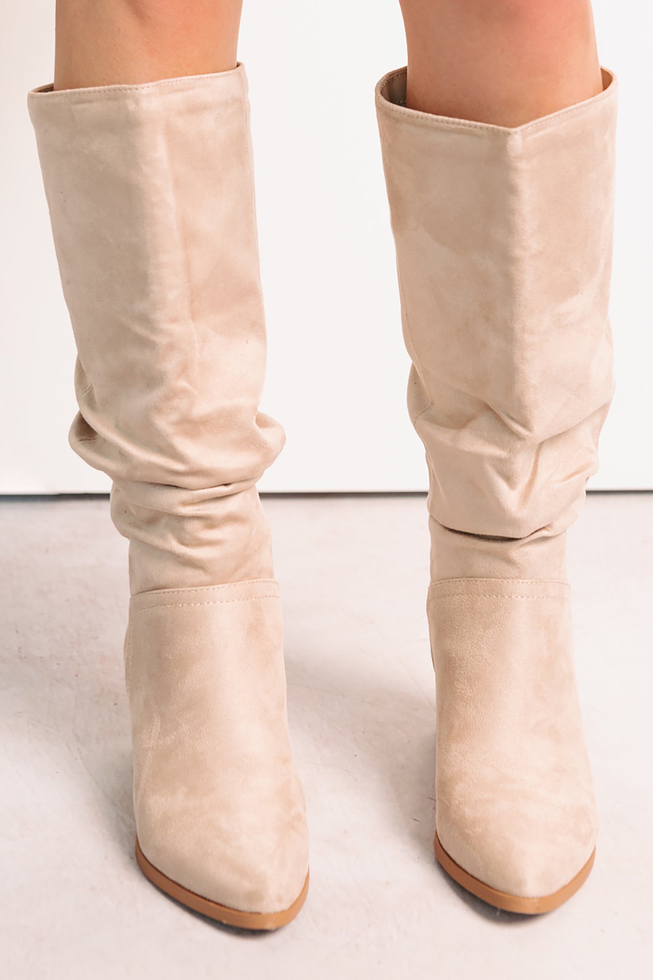 Bare & Bold Chunky Heel Faux Suede Boots (Clay)-The Formal Wear