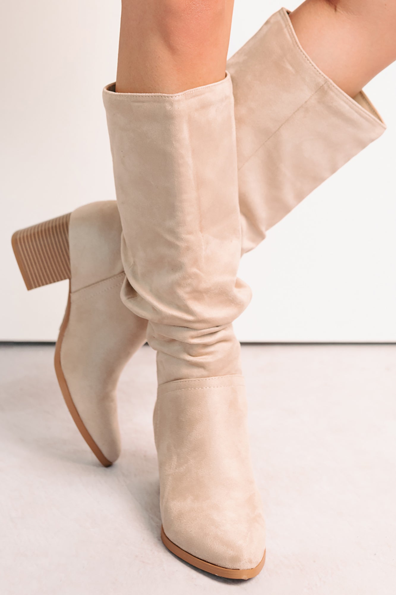 Bare & Bold Chunky Heel Faux Suede Boots (Clay)-The Formal Wear