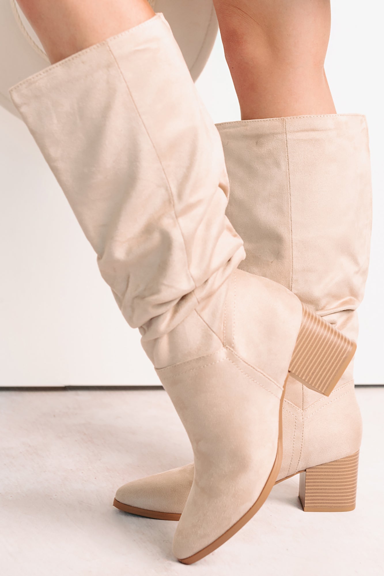Bare & Bold Chunky Heel Faux Suede Boots (Clay)-The Formal Wear
