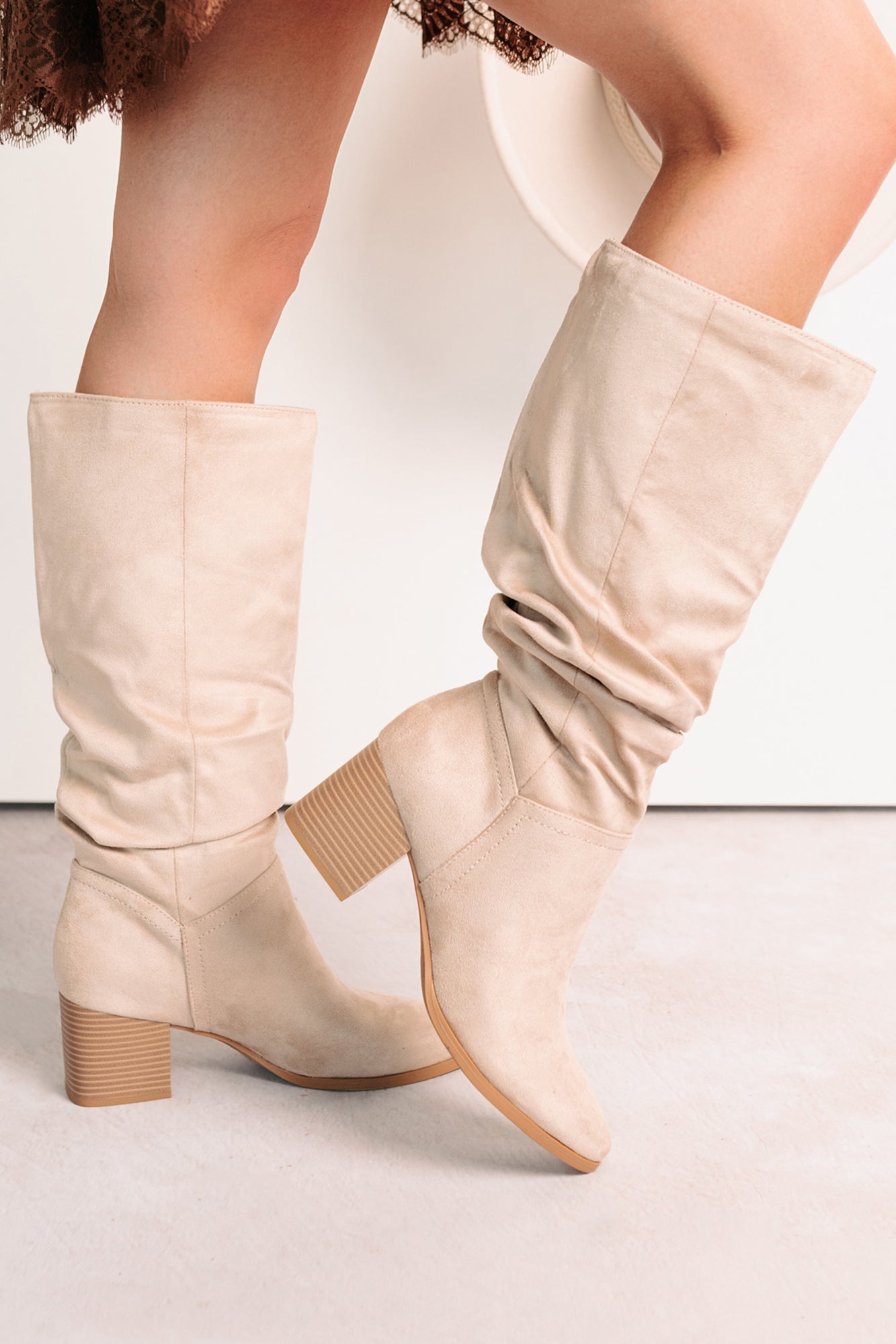 Bare & Bold Chunky Heel Faux Suede Boots (Clay)-The Formal Wear